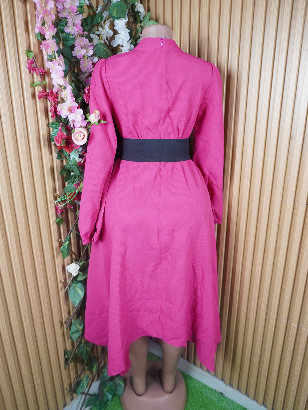 Robe évasée longue manches longues col mao-S