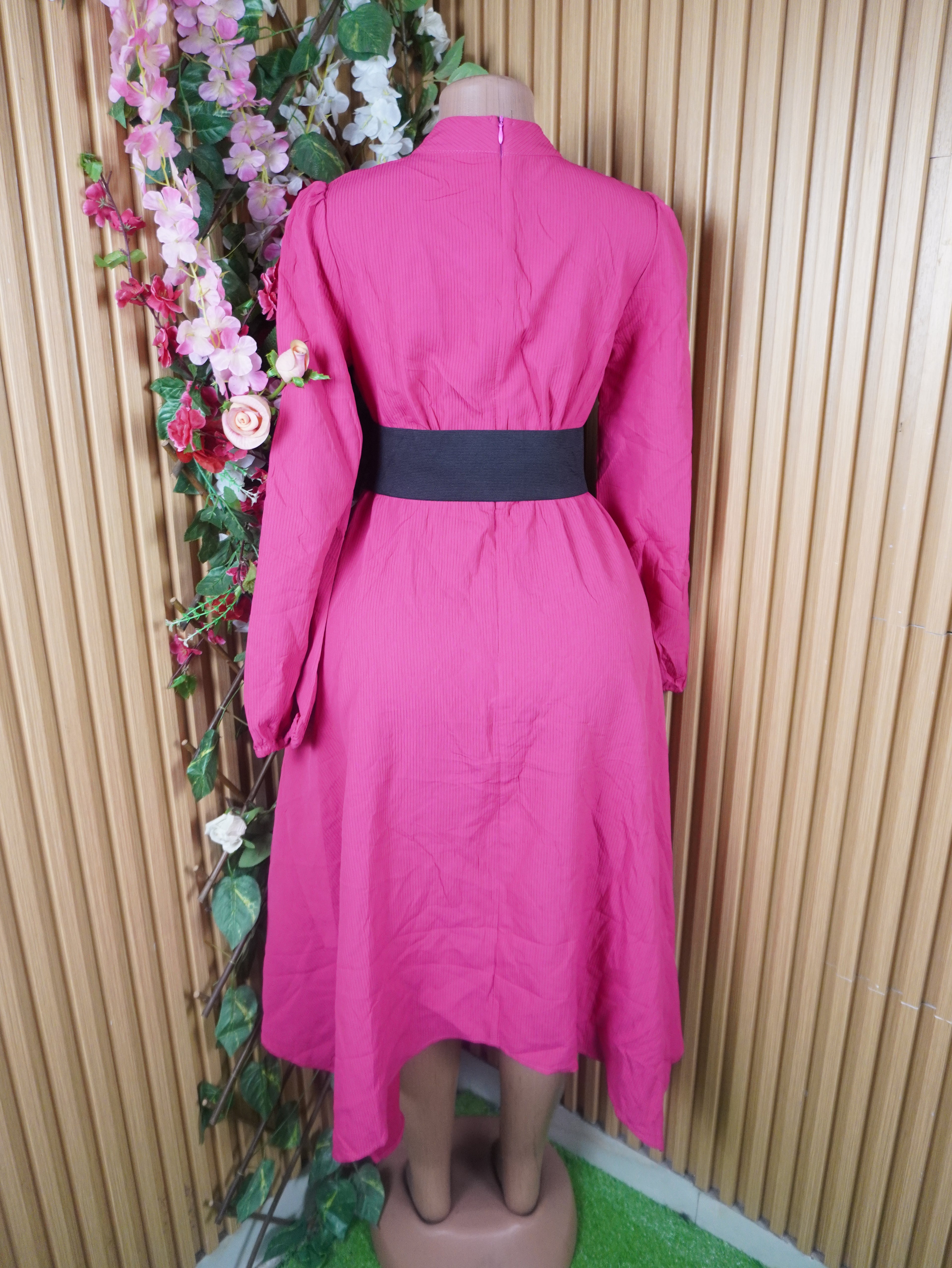 Robe évasée longue manches longues col mao-S