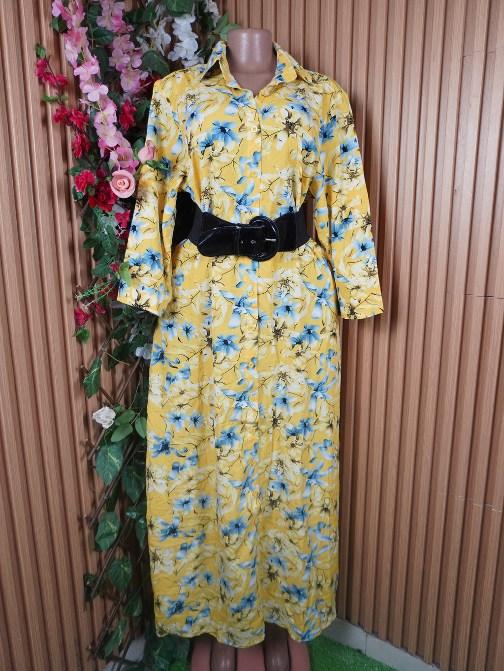 Robe évasée longue manches longues à col chemise-XL