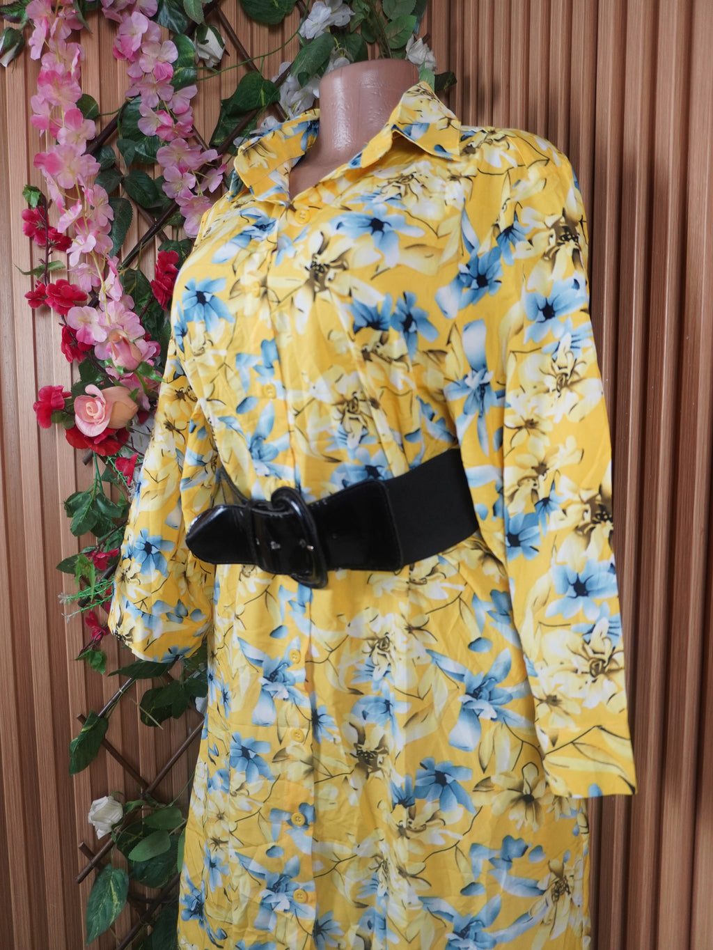 Robe évasée longue manches longues à col chemise-XL
