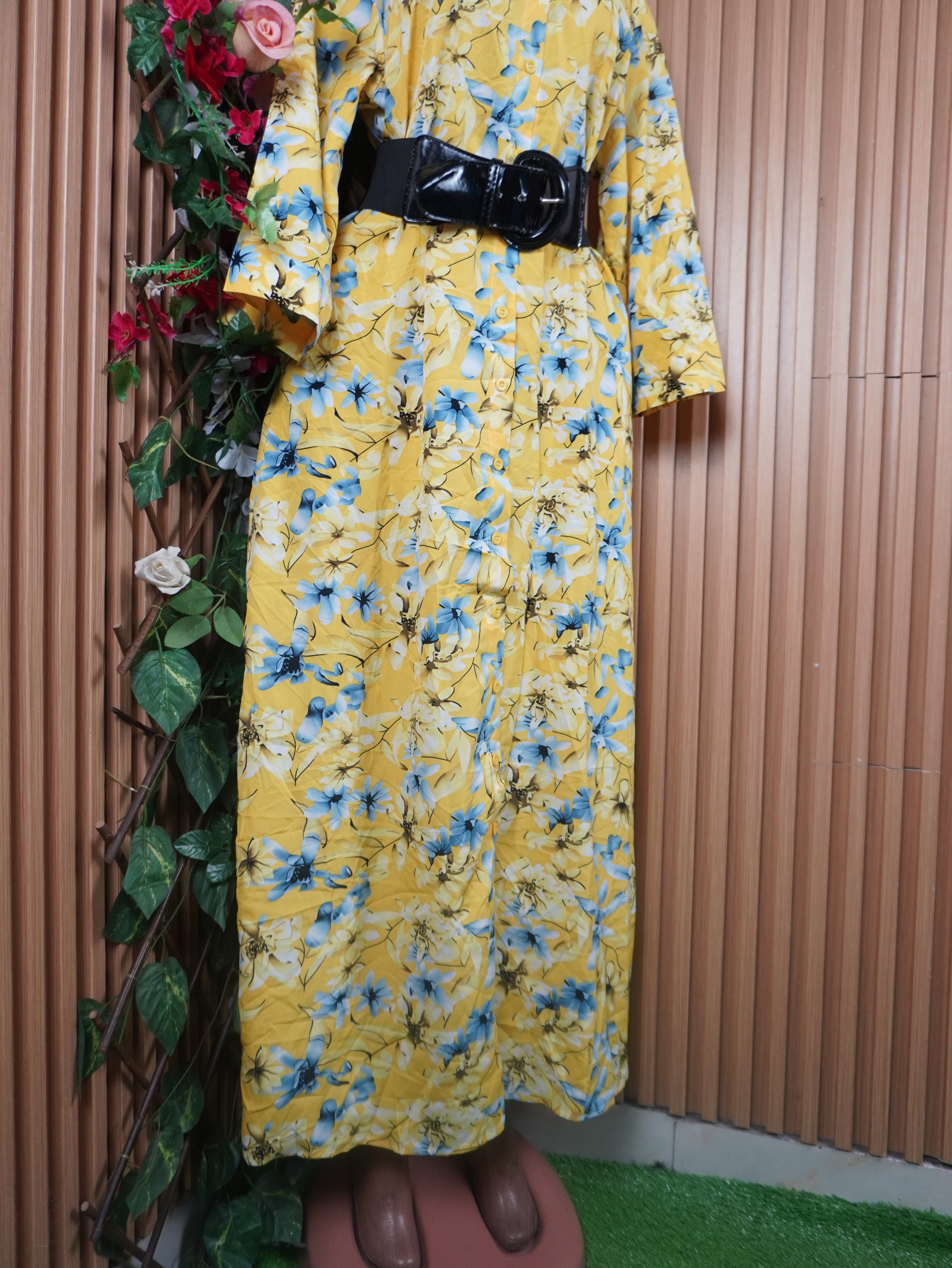 Robe évasée longue manches longues à col chemise-XL