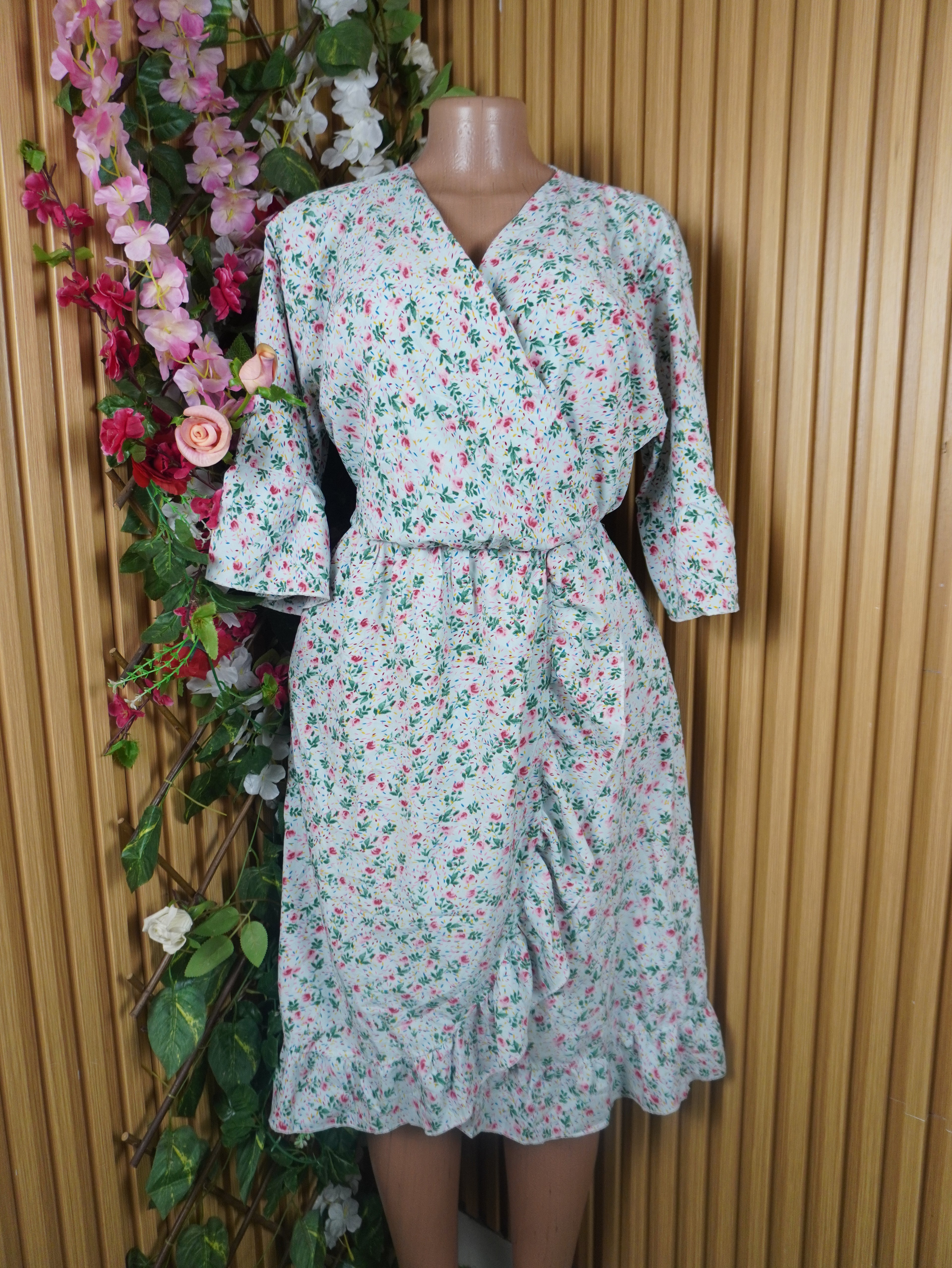 Robe évasée manches 3/4 imprimée fleurie ceintrée-XXL