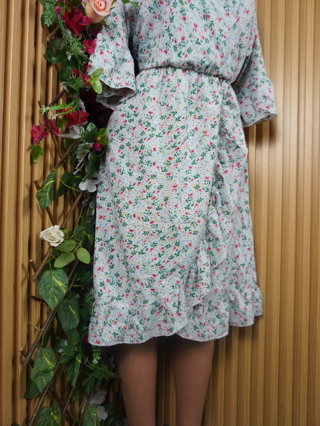 Robe évasée manches 3/4 imprimée fleurie ceintrée-XXL