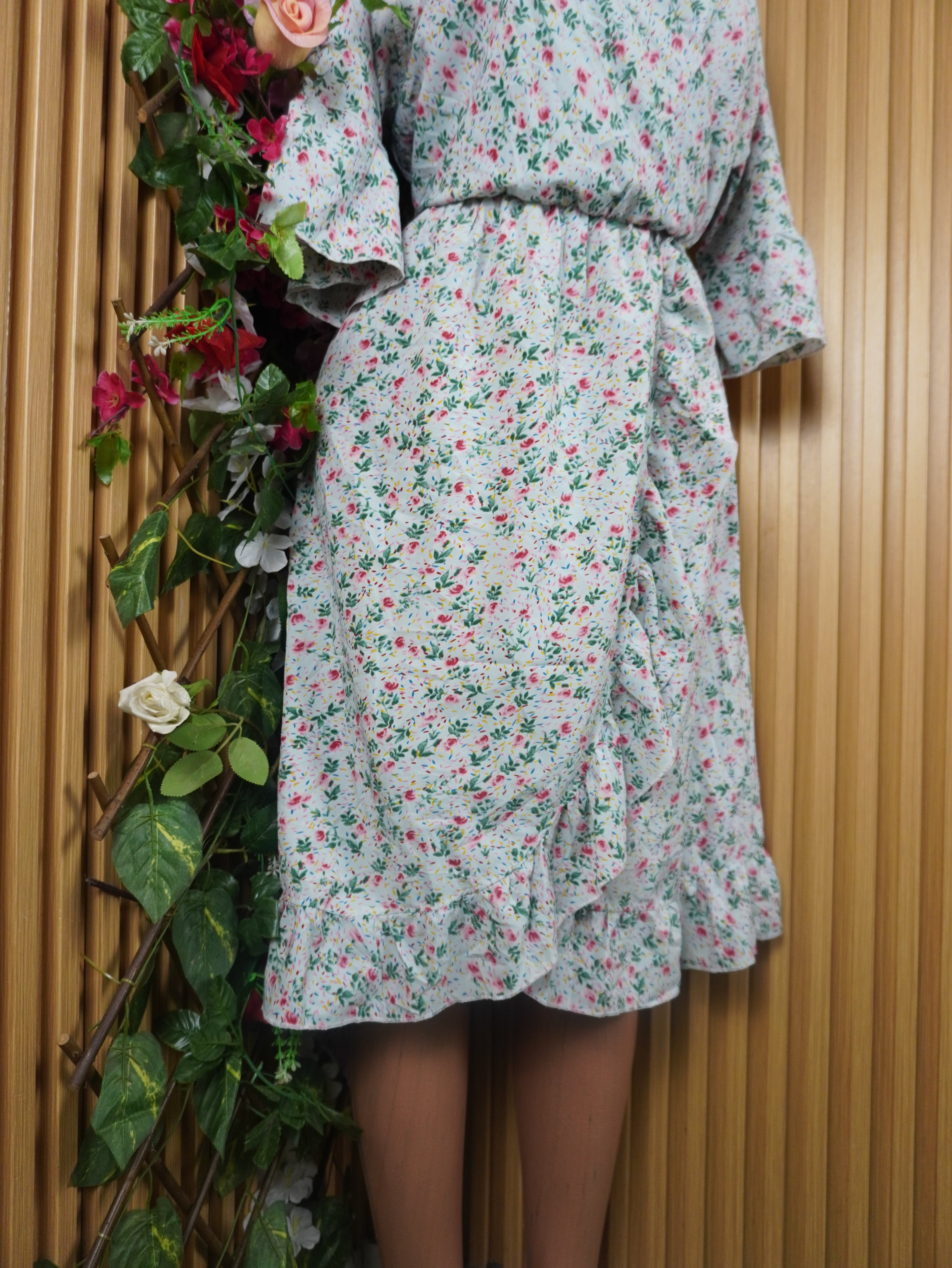 Robe évasée manches 3/4 imprimée fleurie ceintrée-XXL