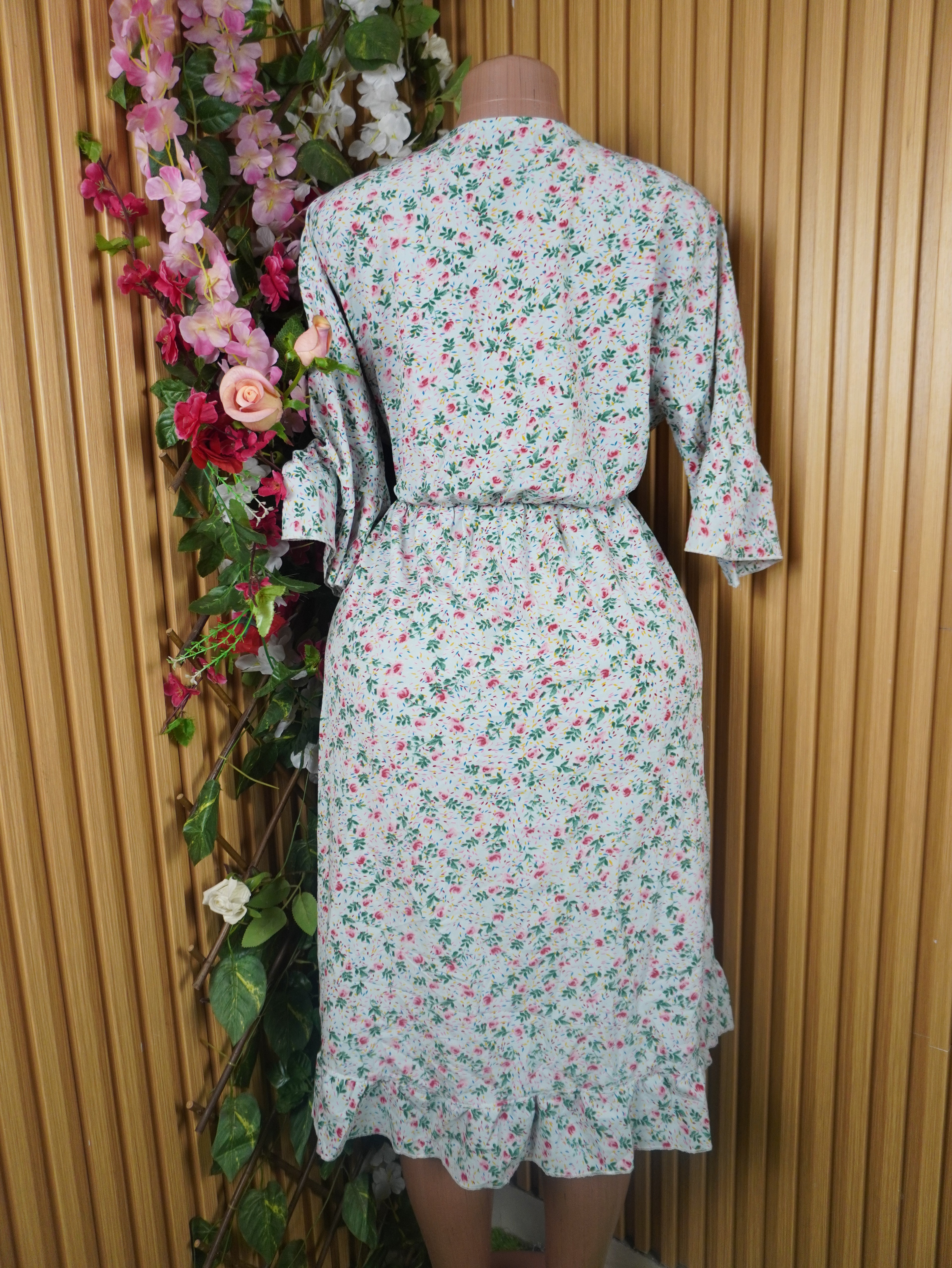 Robe évasée manches 3/4 imprimée fleurie ceintrée-XXL