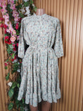 Robe évasée manches longues imprimée fleurie ceintrée-M