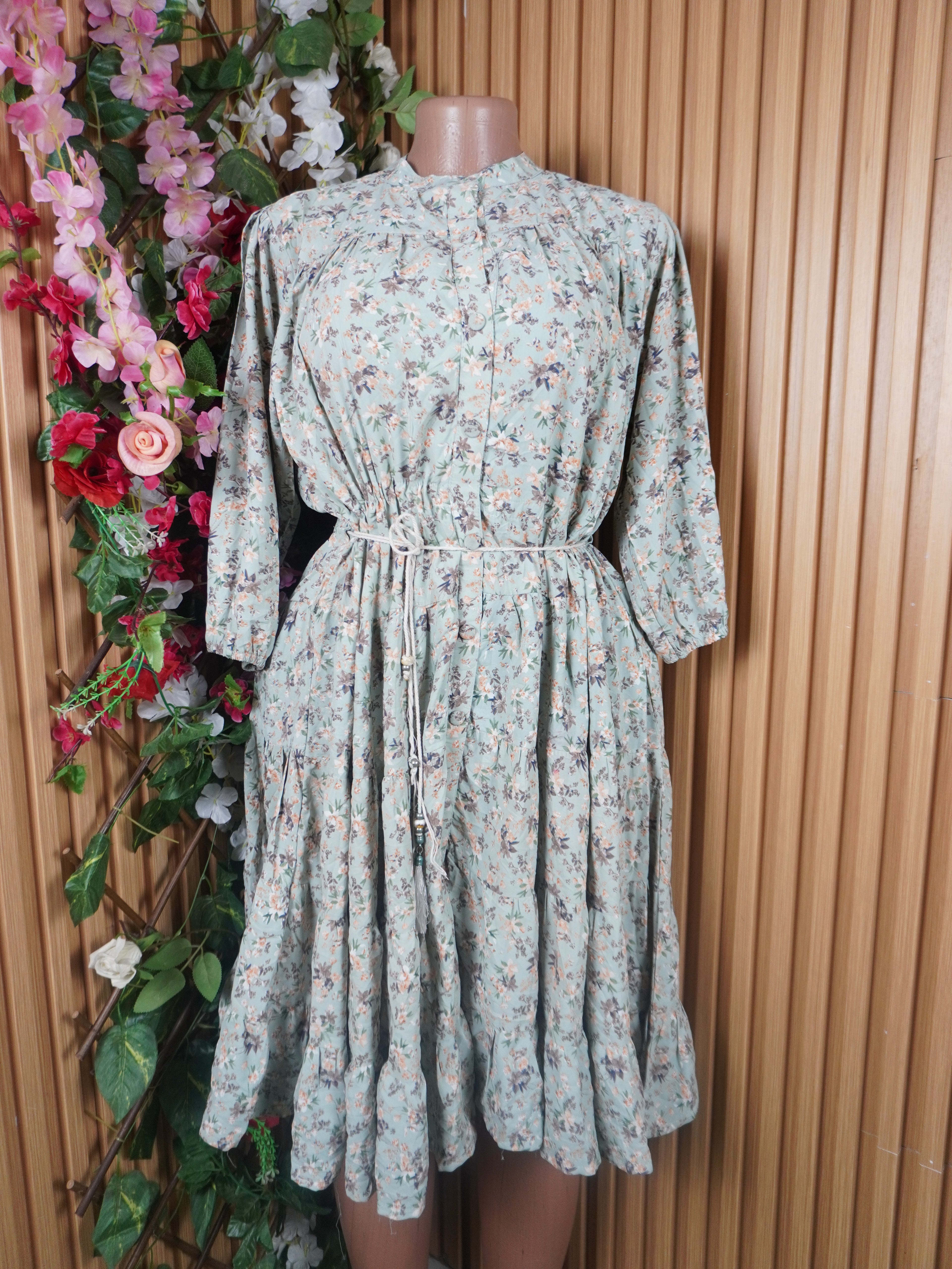 Robe évasée manches longues imprimée fleurie ceintrée-M