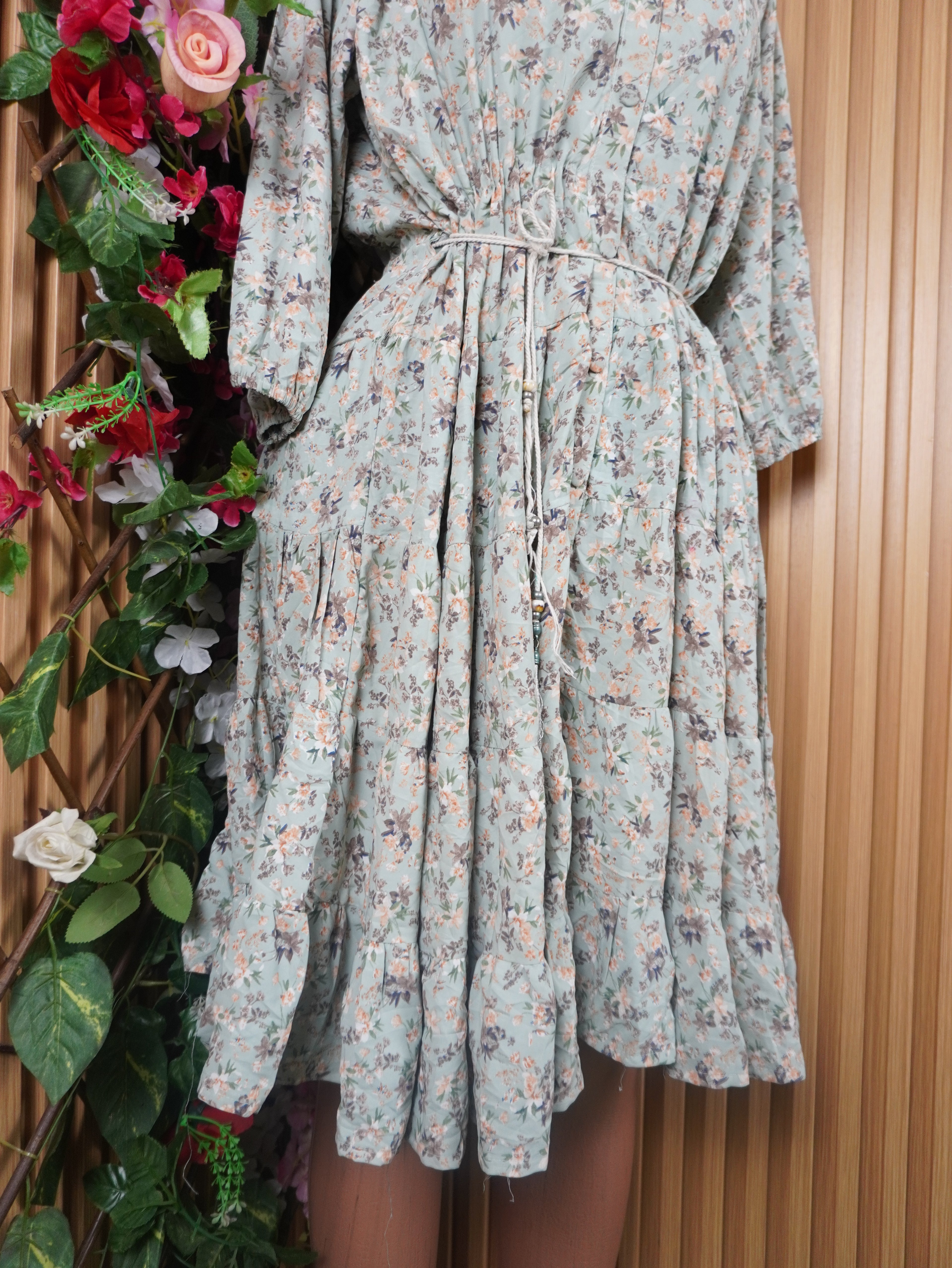 Robe évasée manches longues imprimée fleurie ceintrée-M