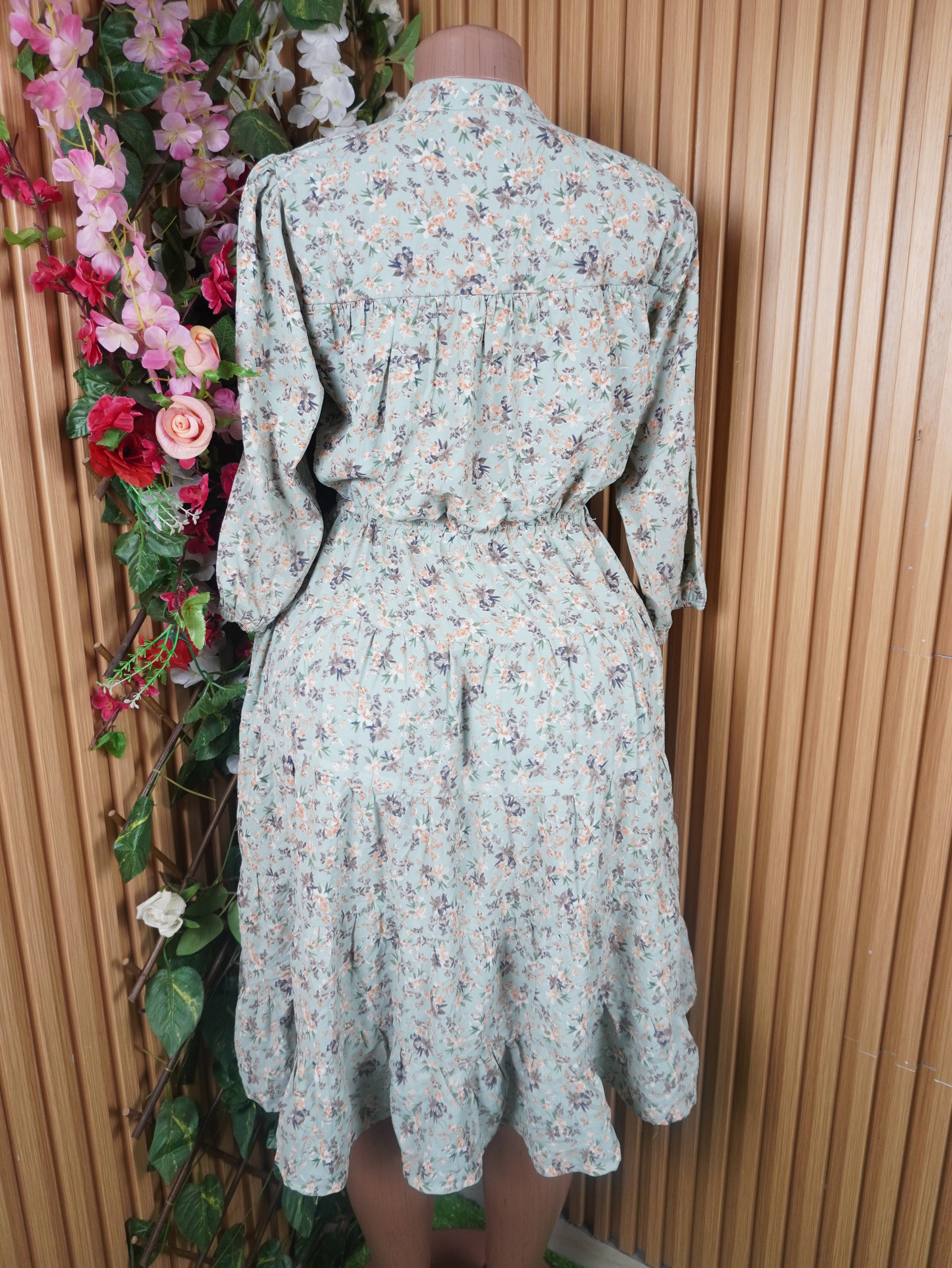 Robe évasée manches longues imprimée fleurie ceintrée-M
