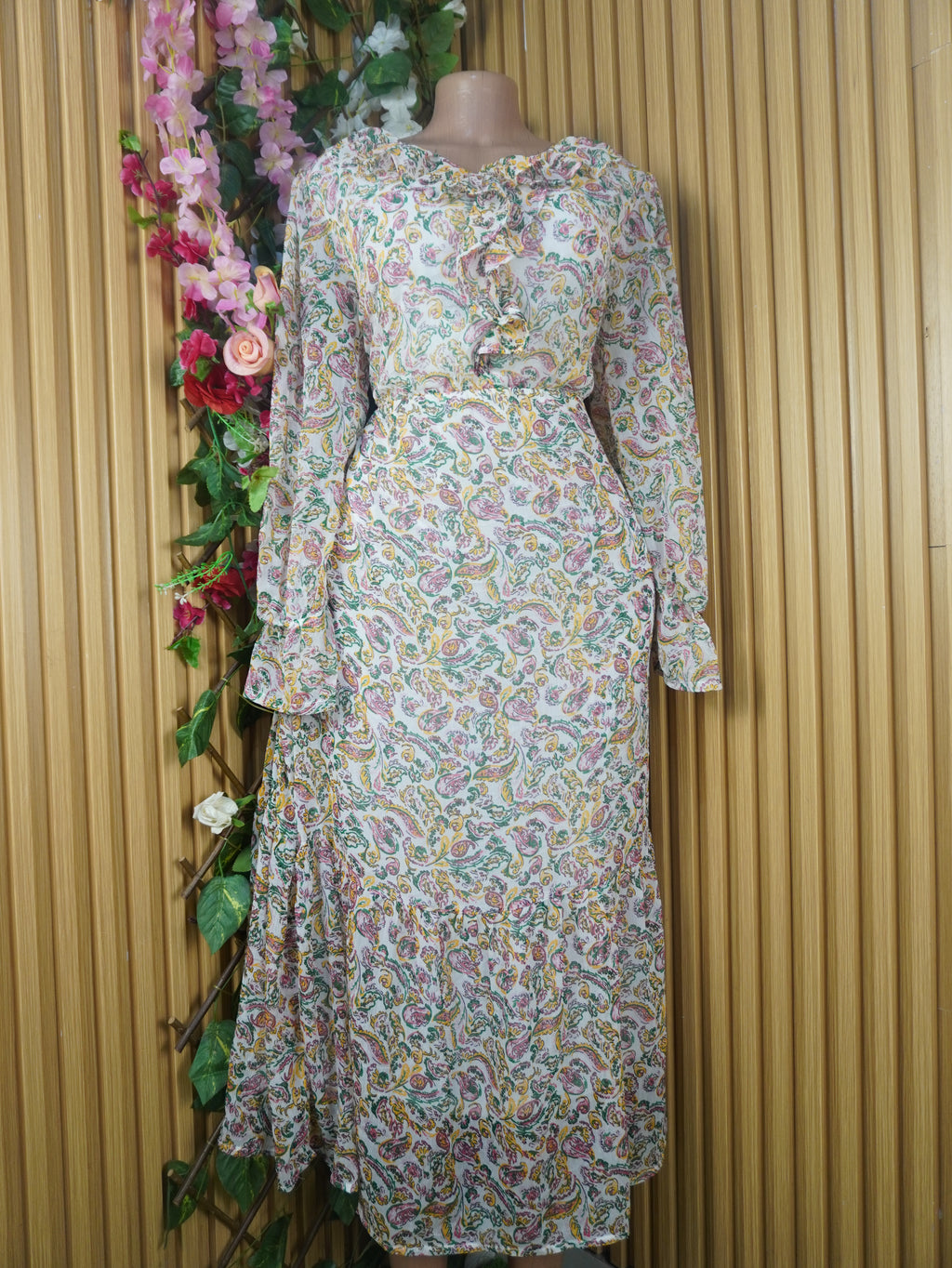 Robe évasée longue manches longues imprimée fleurie-L