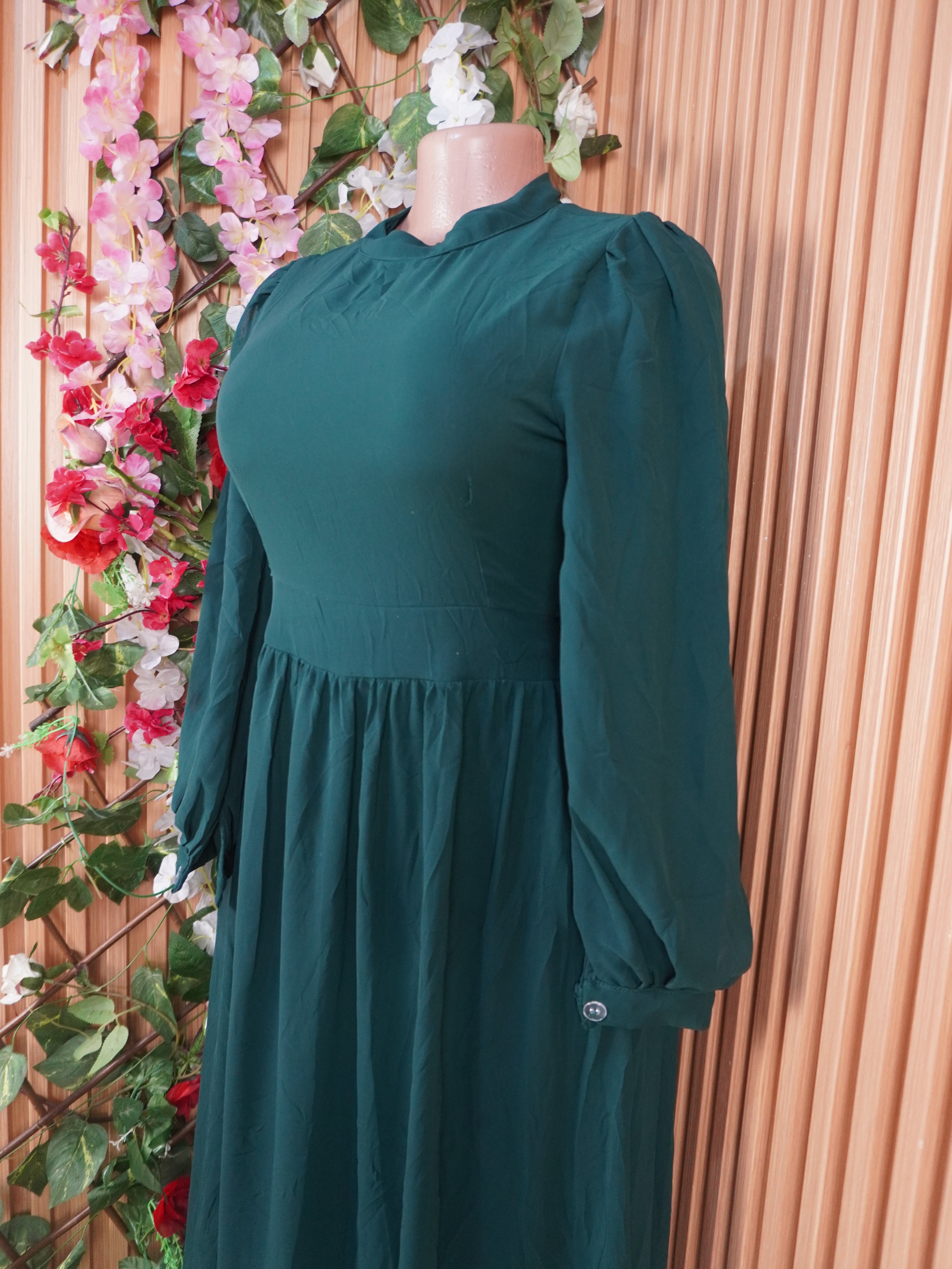 Robe évasée longue manches longues à col mao-S