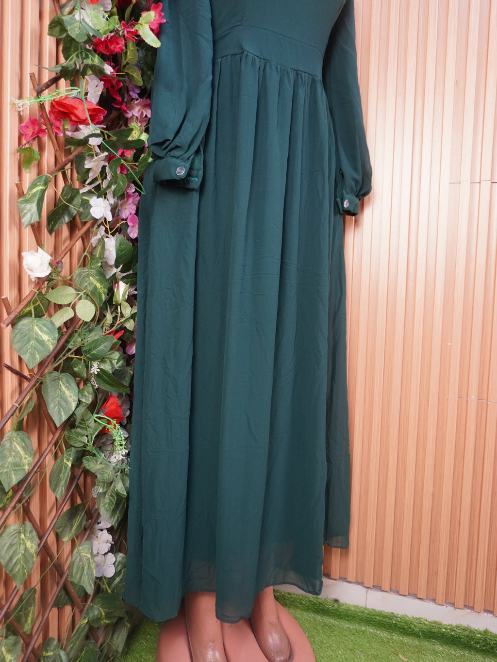 Robe évasée longue manches longues à col mao-S