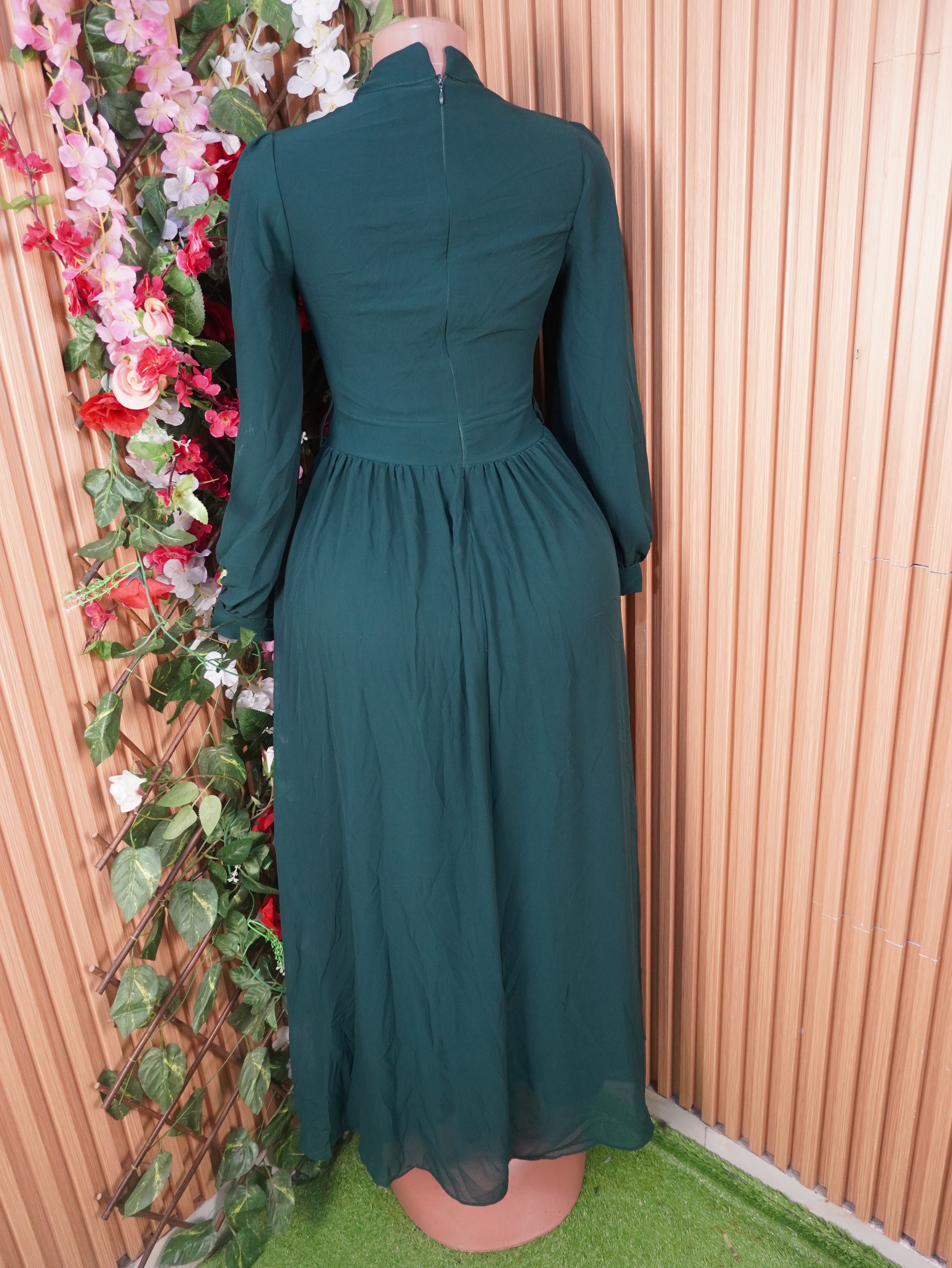 Robe évasée longue manches longues à col mao-S