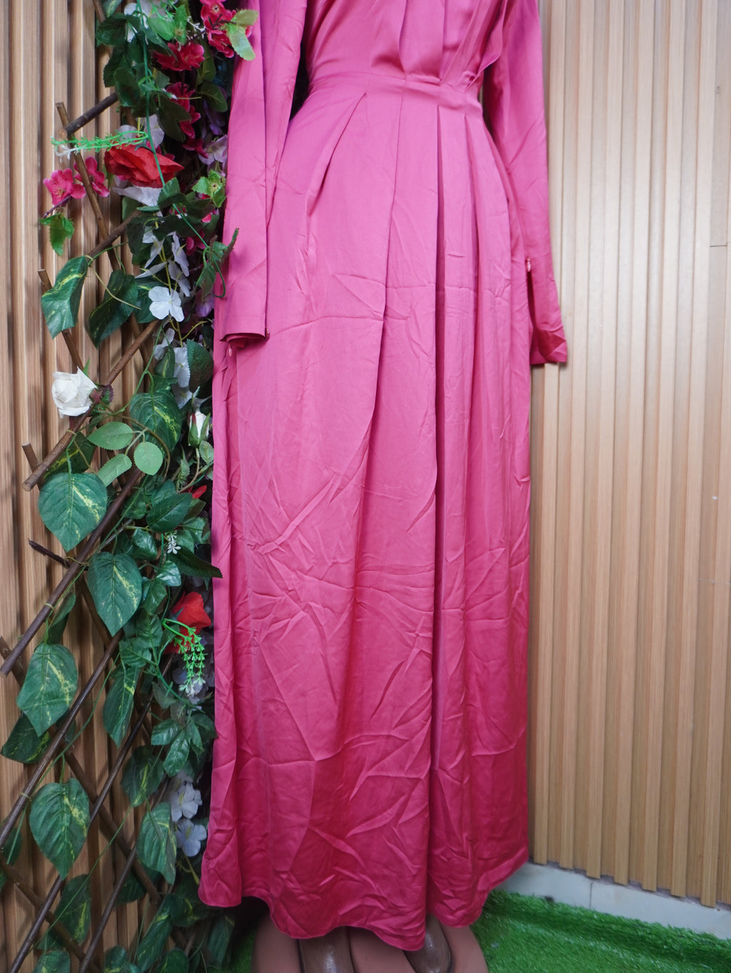 Robe soirée evasée longue manches longues col mao-S