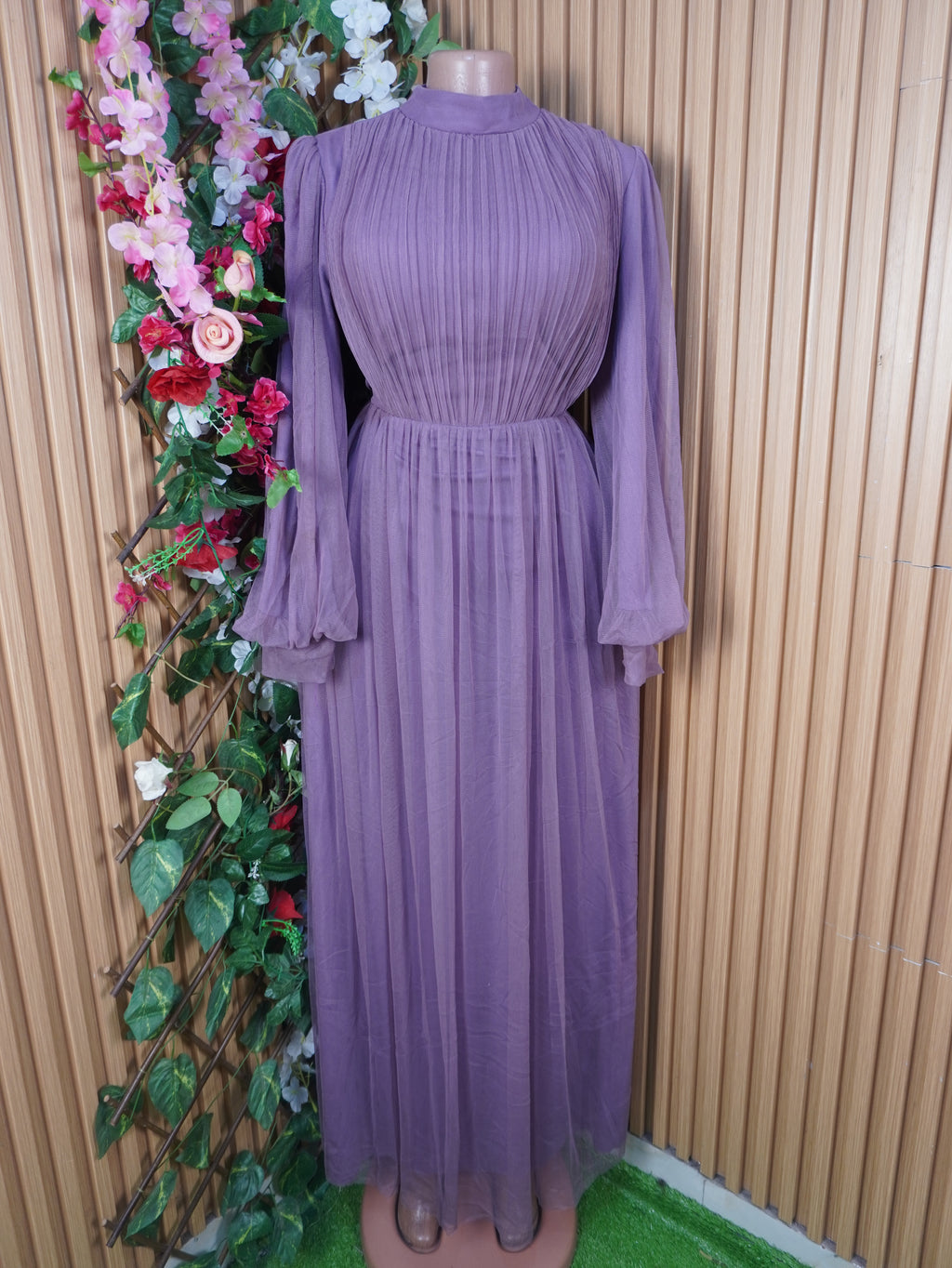 Robe évasée longue manches longues col mao-L