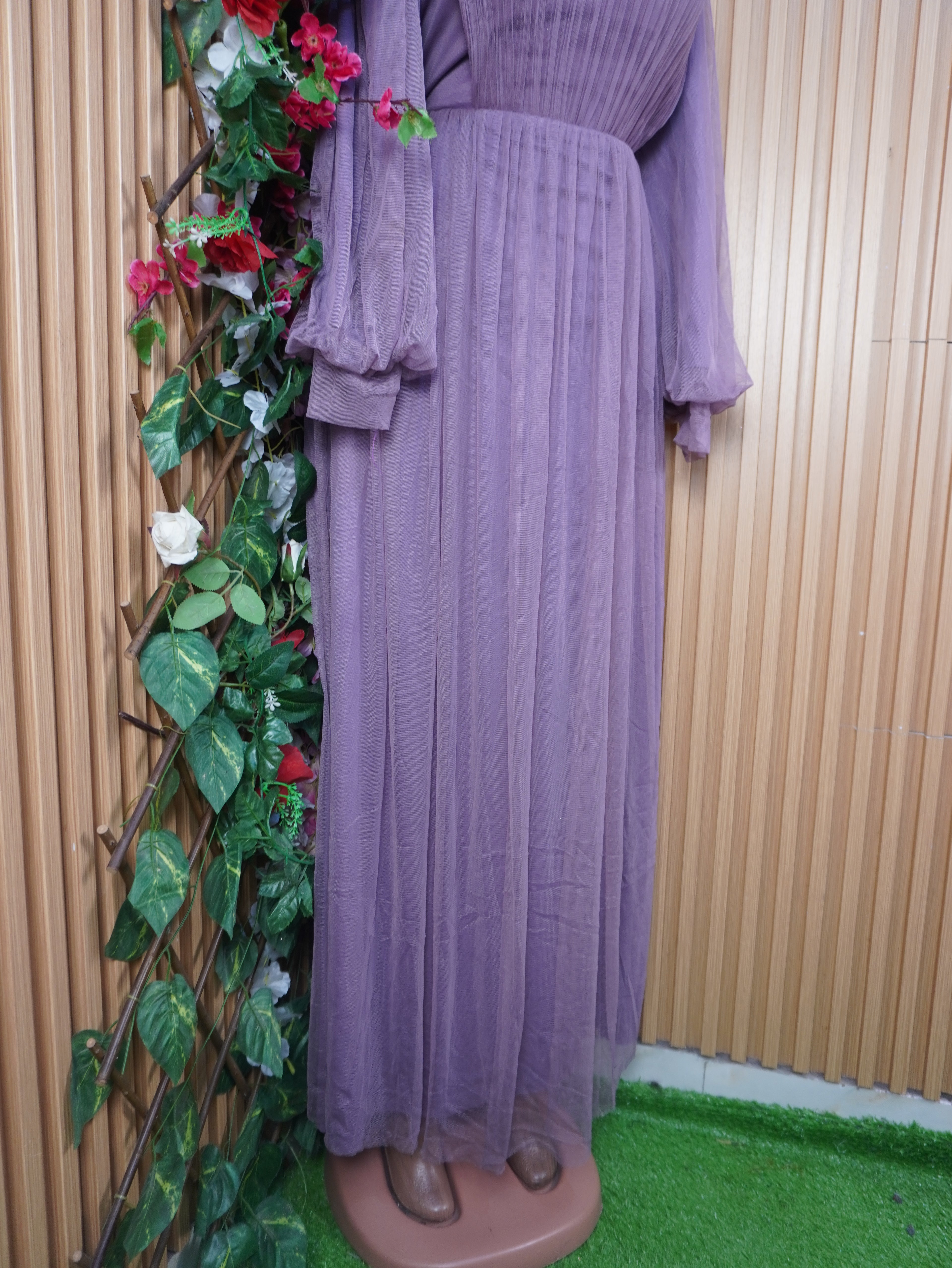 Robe évasée longue manches longues col mao-L