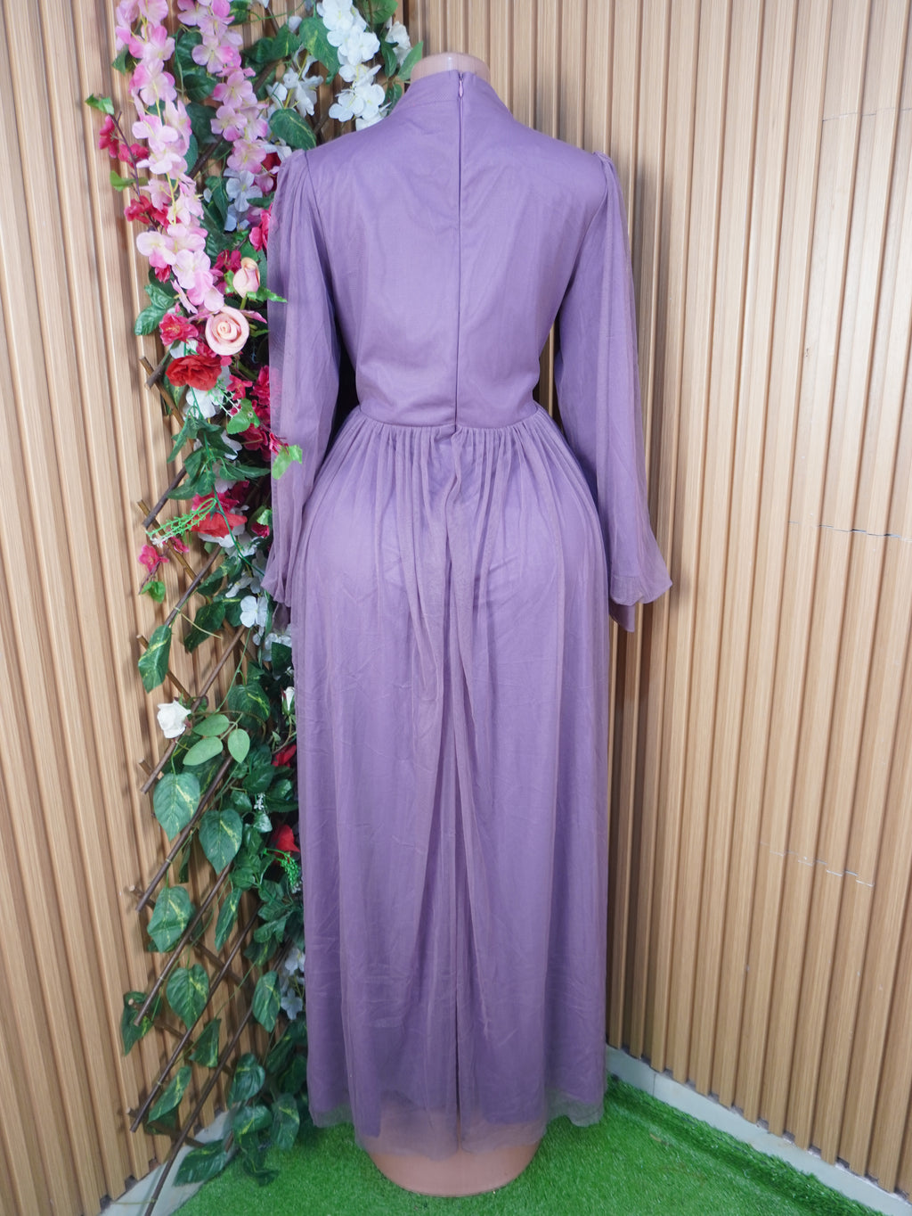 Robe évasée longue manches longues col mao-L