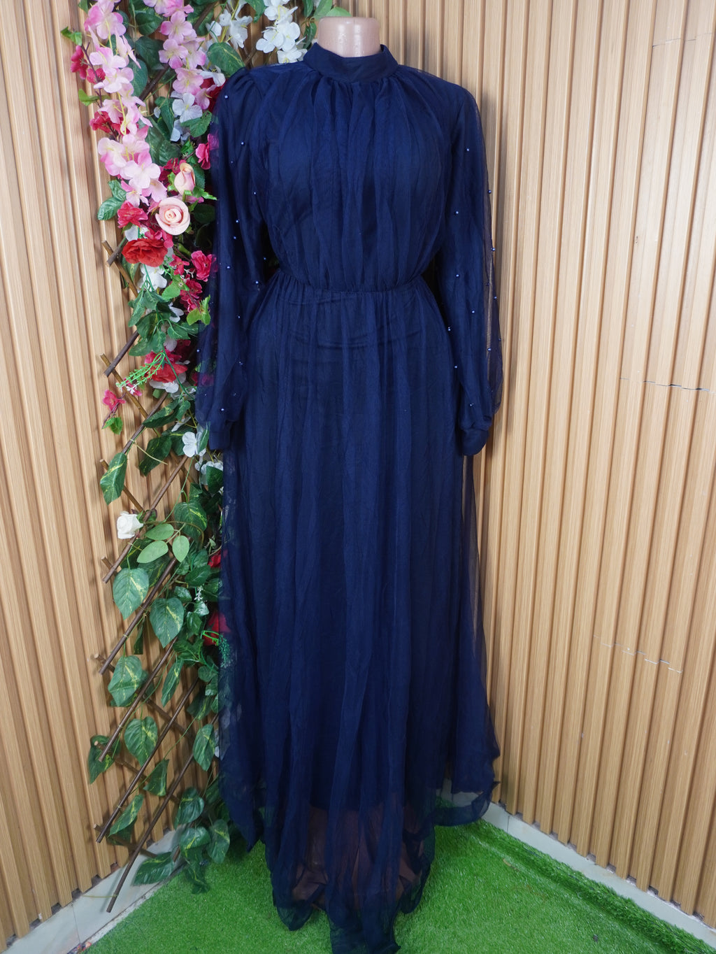 Robe soirée evasée longue manches longues col mao-M