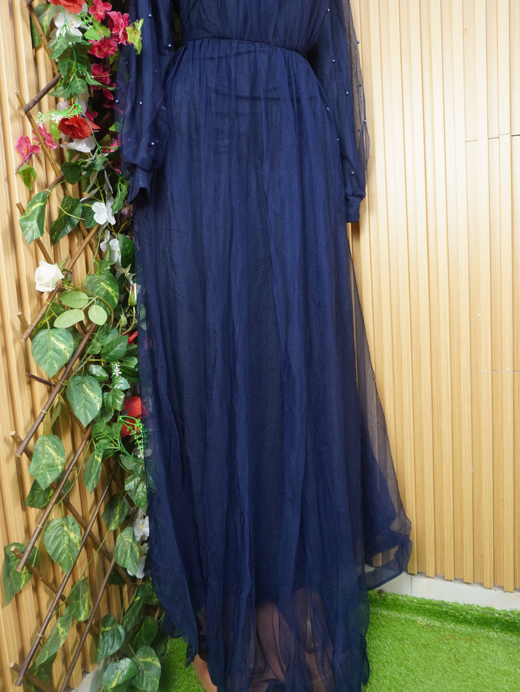 Robe soirée evasée longue manches longues col mao-M
