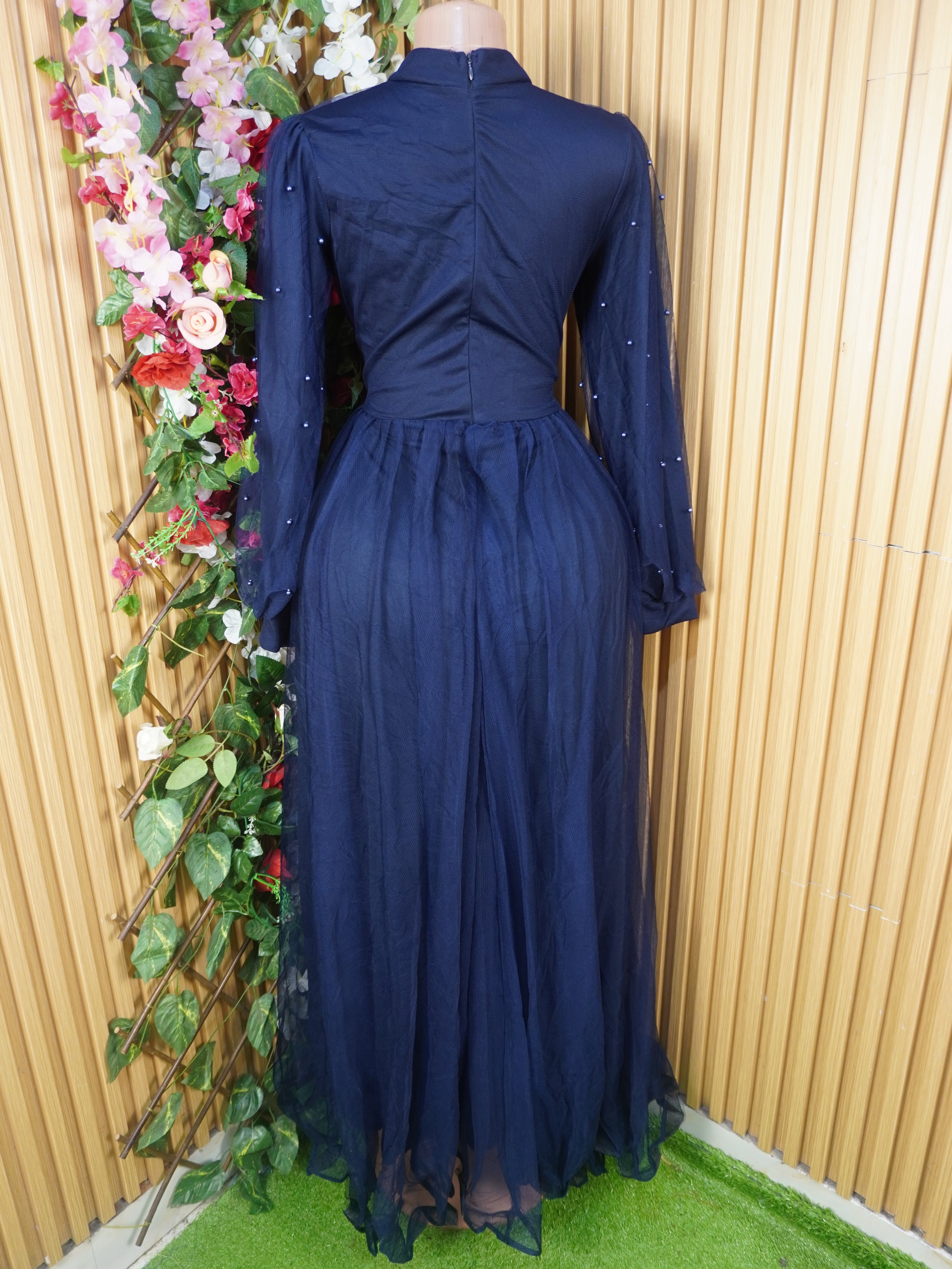 Robe soirée evasée longue manches longues col mao-M