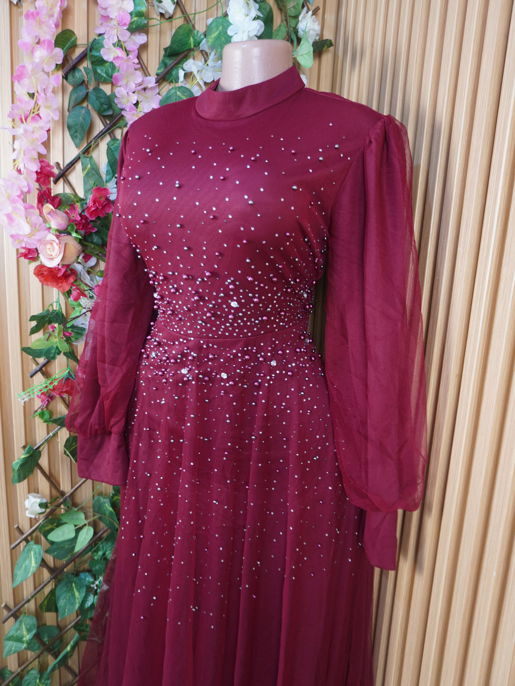 Robe soirée evasée longue manches longues col mao-L
