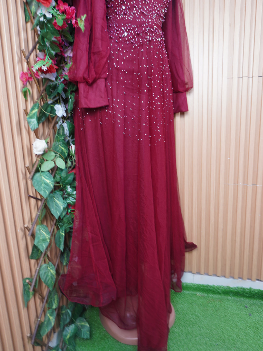 Robe soirée evasée longue manches longues col mao-L