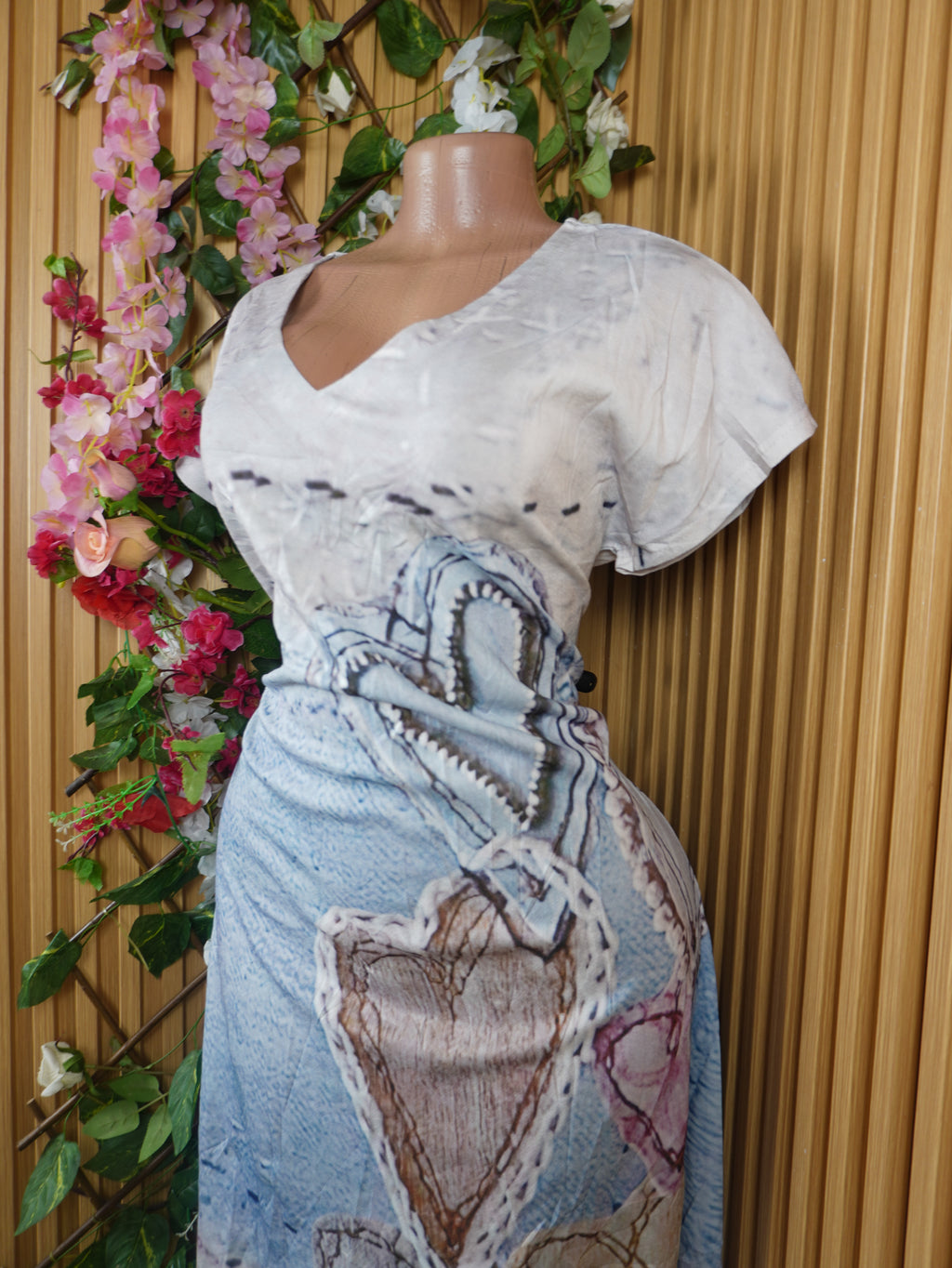 Robe évasée manches courtes imprimée fleurie décolletée-L