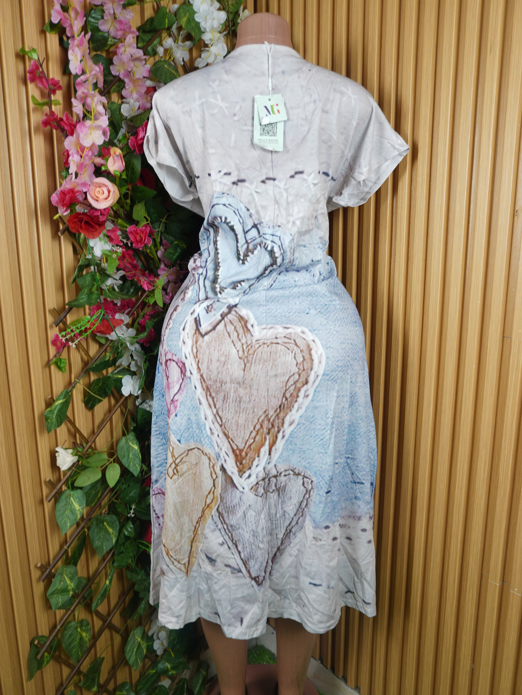 Robe évasée manches courtes imprimée fleurie décolletée-L