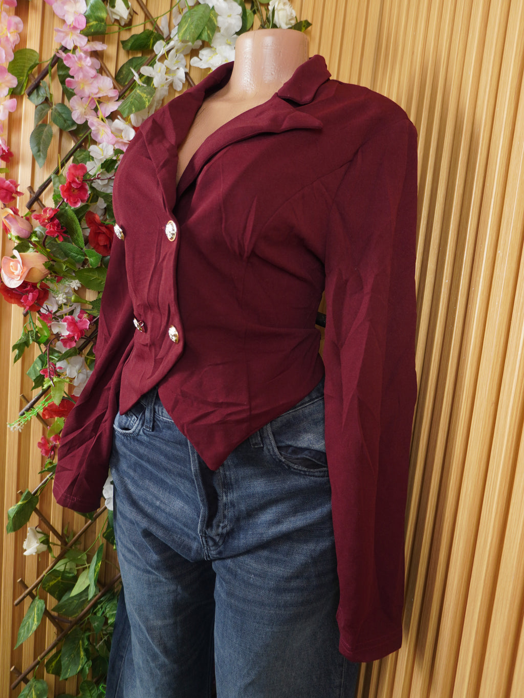 Veste blazer pour femme à quatre boutons couleur rouge bordeaux-XL
