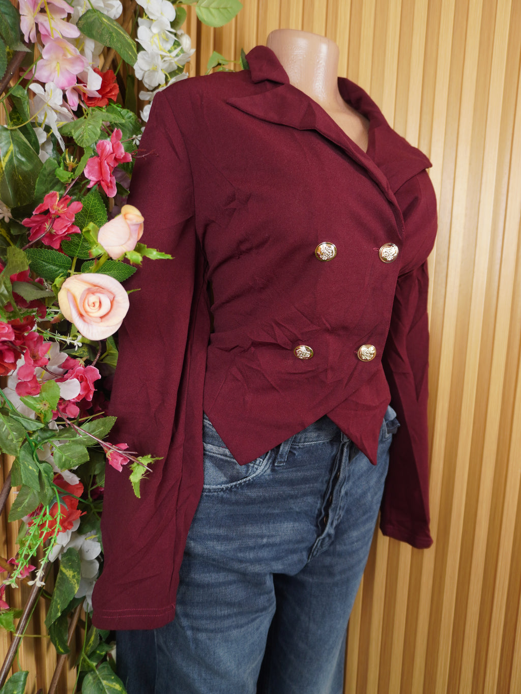 Veste blazer pour femme à quatre boutons couleur rouge bordeaux-XL