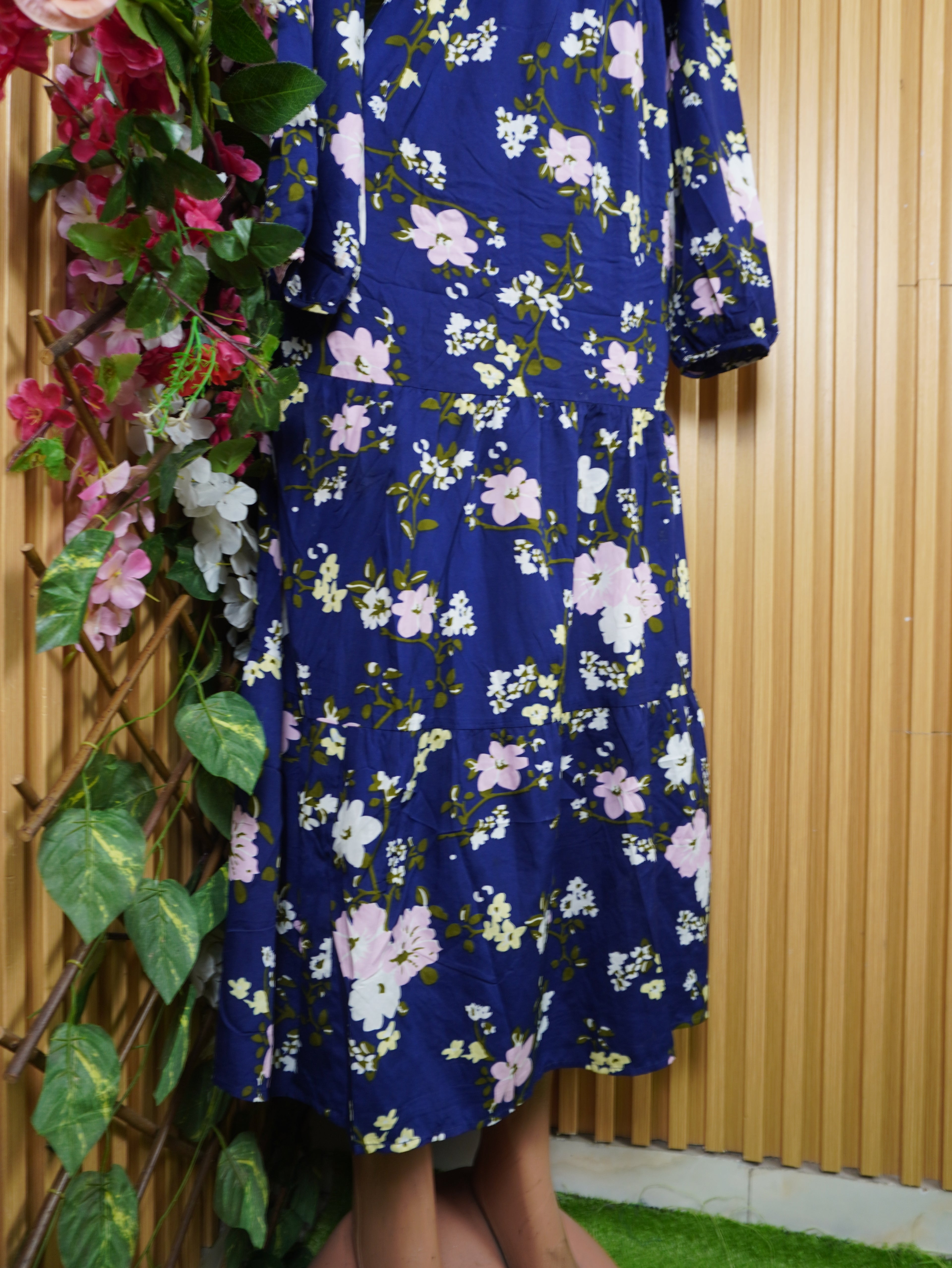 Robe évasée longue manches longues imprimée fleurie-M