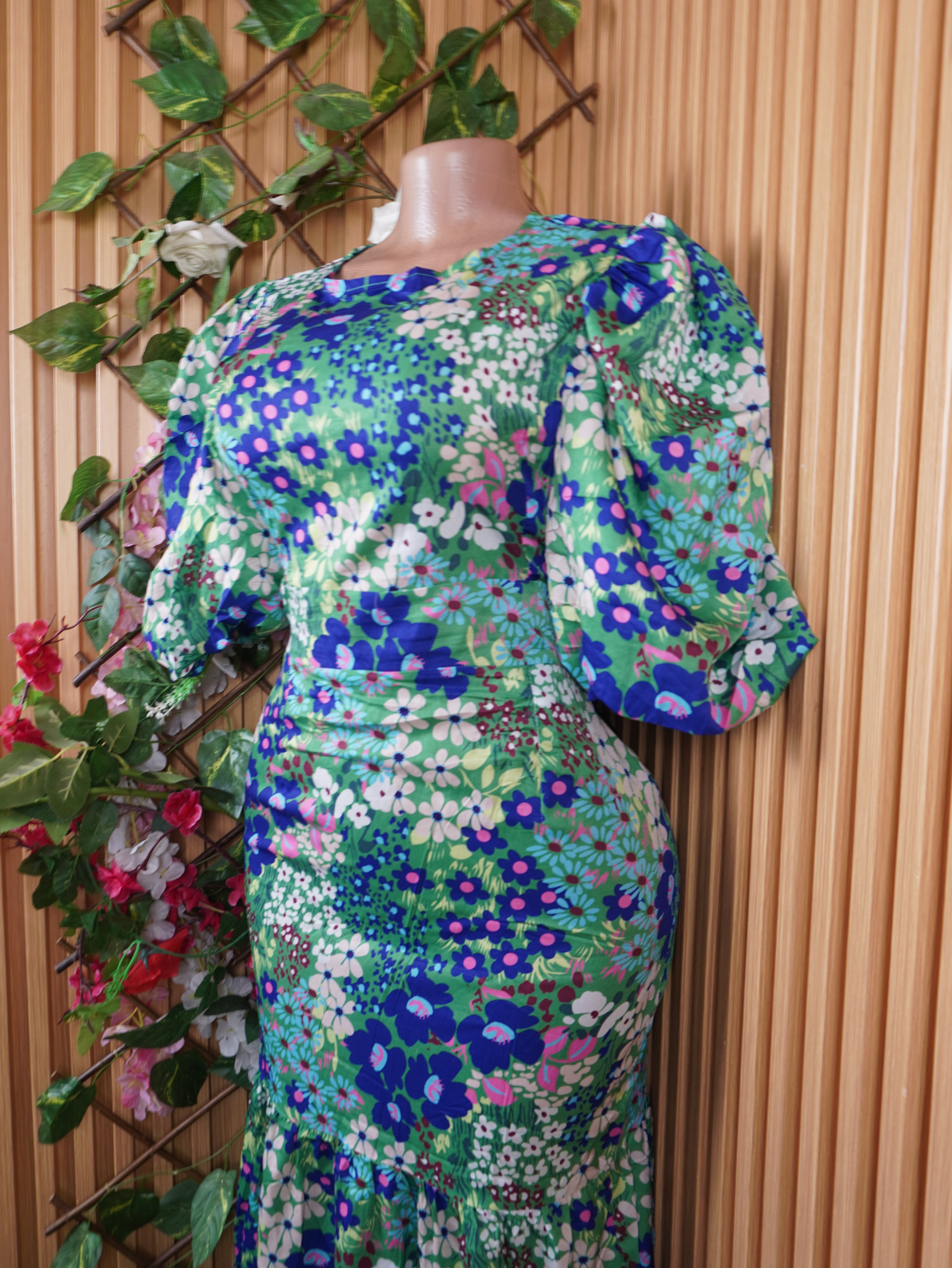 Robe moulante longue imprimée floral manches 3/4-M