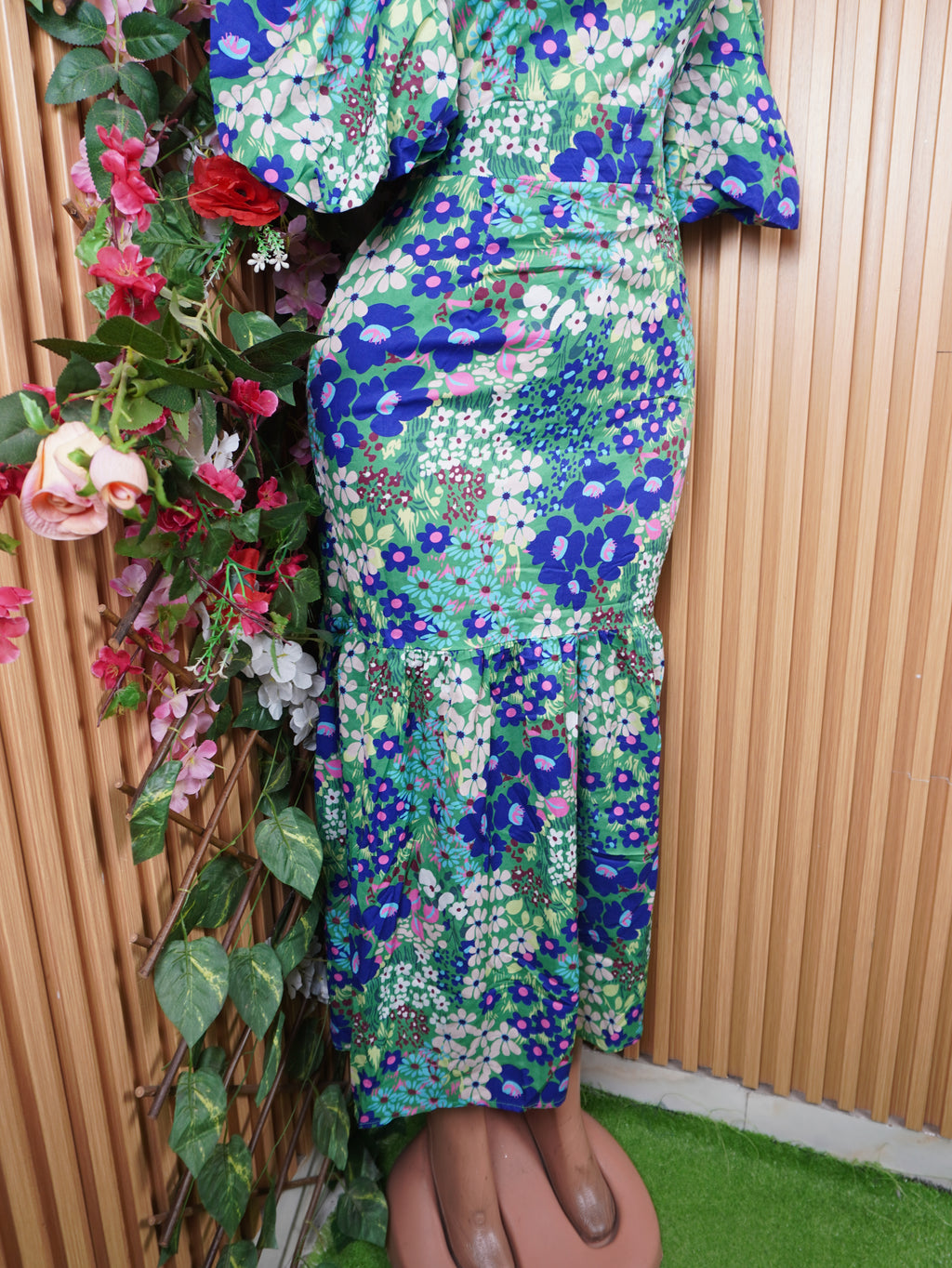 Robe moulante longue imprimée floral manches 3/4-M