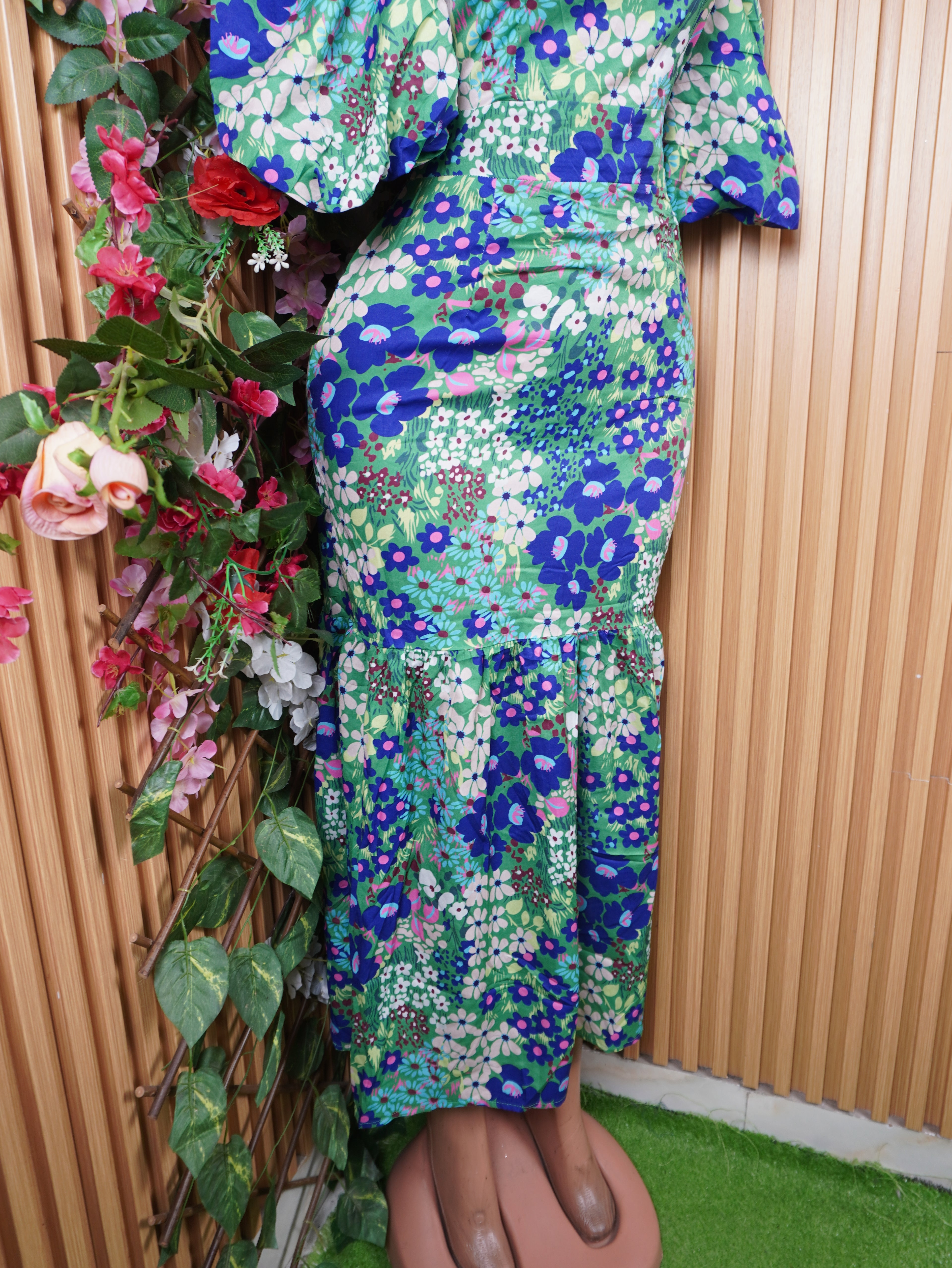 Robe moulante longue imprimée floral manches 3/4-M
