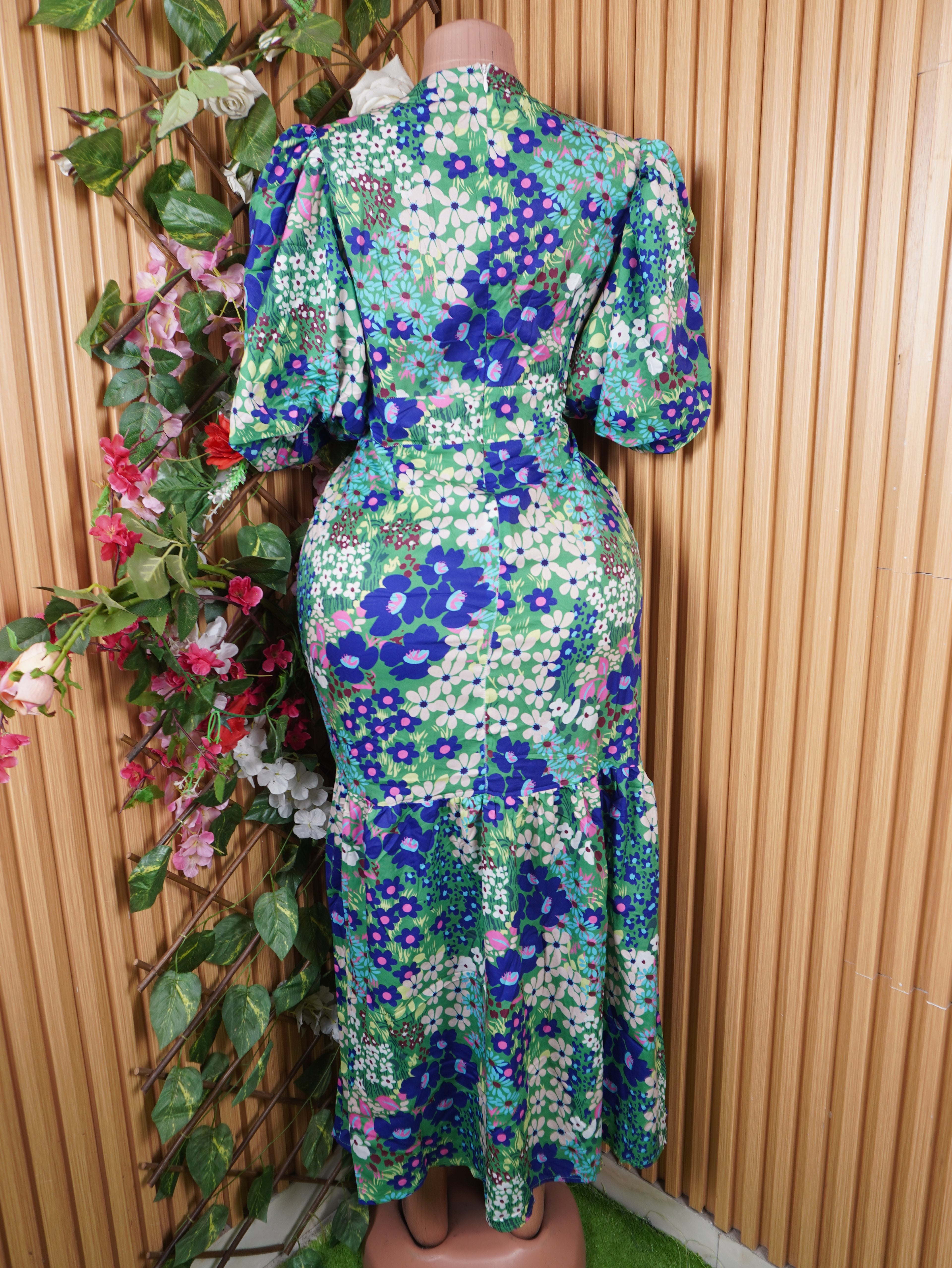 Robe moulante longue imprimée floral manches 3/4-M