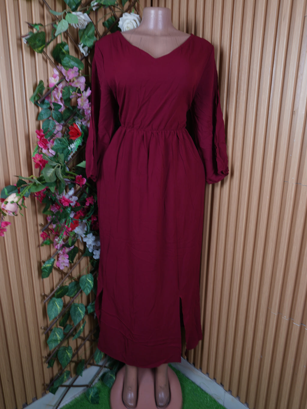 Robe évasée longue manches longues décolletée-L