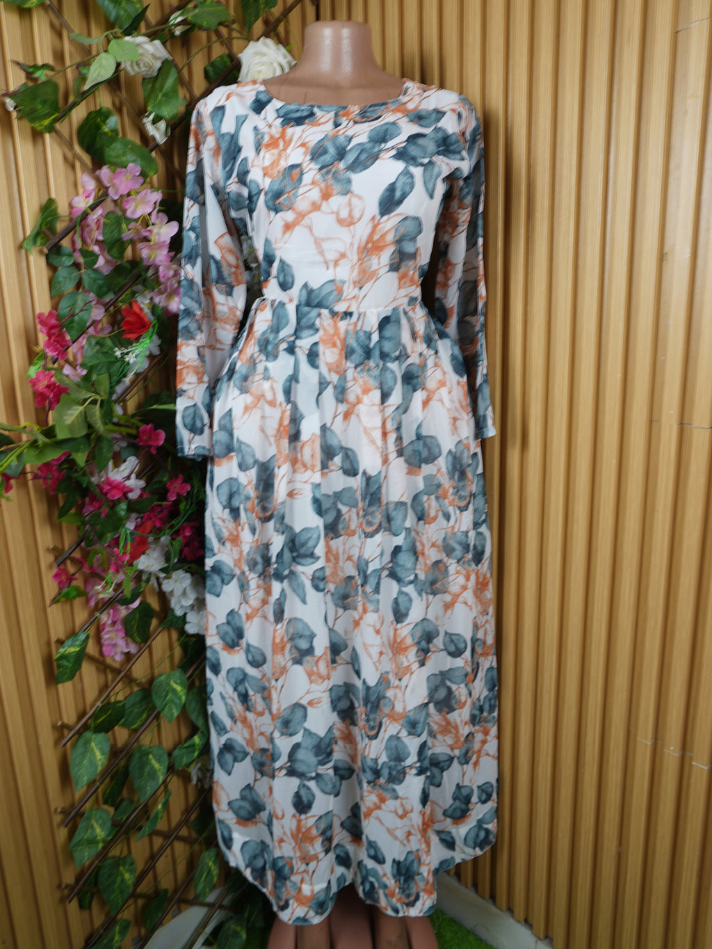Robe évasée longue manches longues imprimée fleirie-L