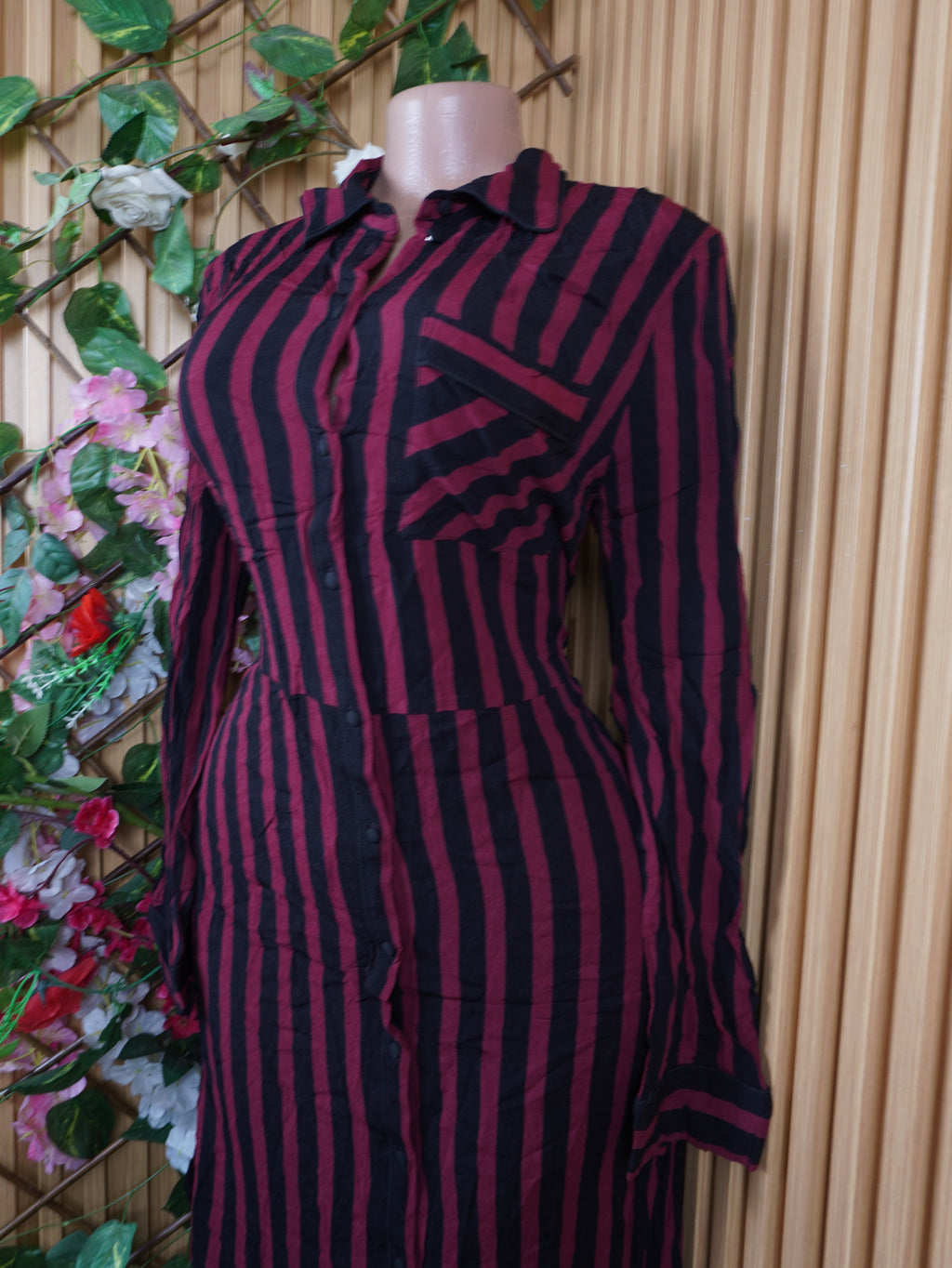 Robe évasée longue manches longues rayée-L