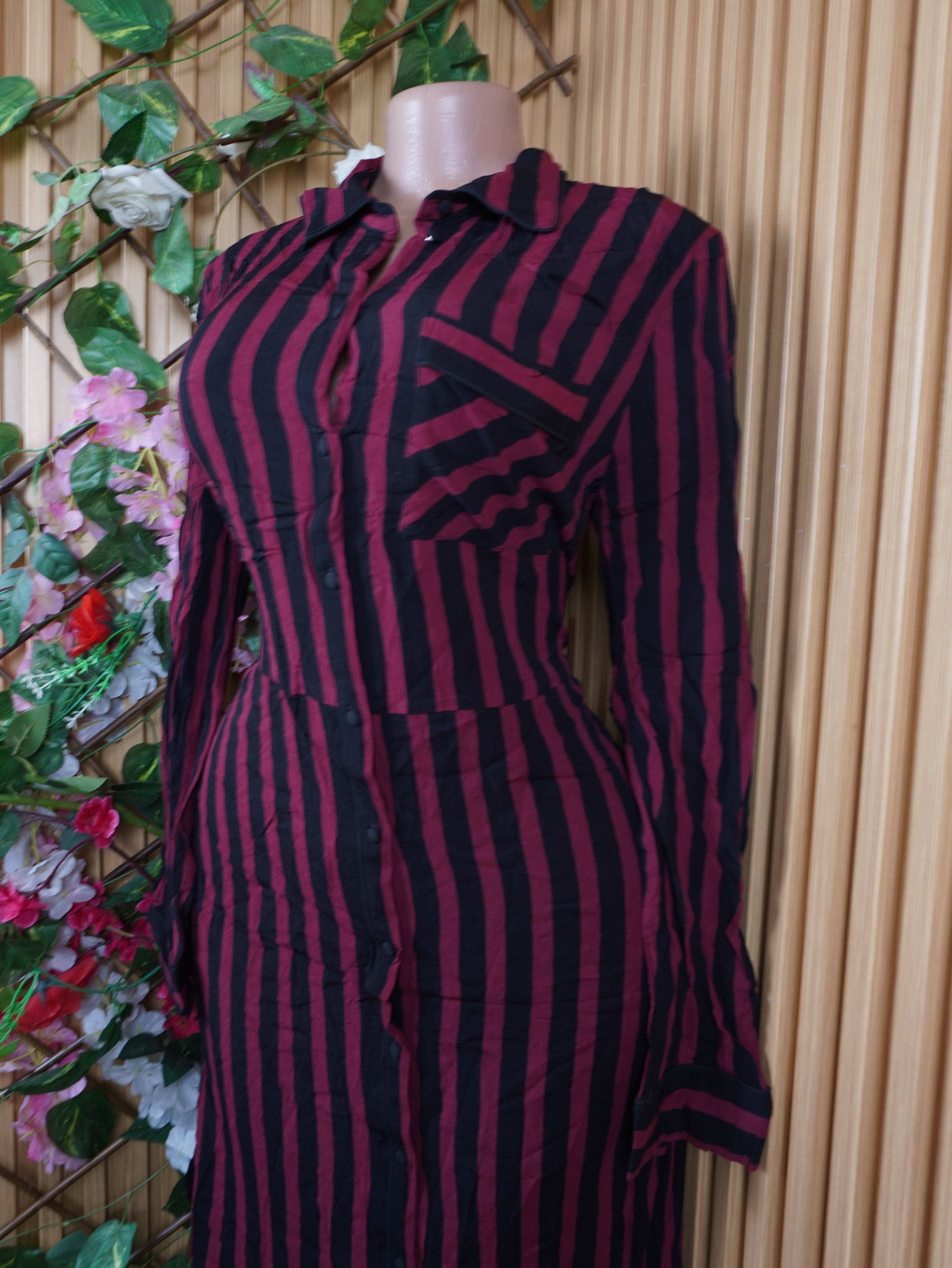 Robe évasée longue manches longues rayée-L
