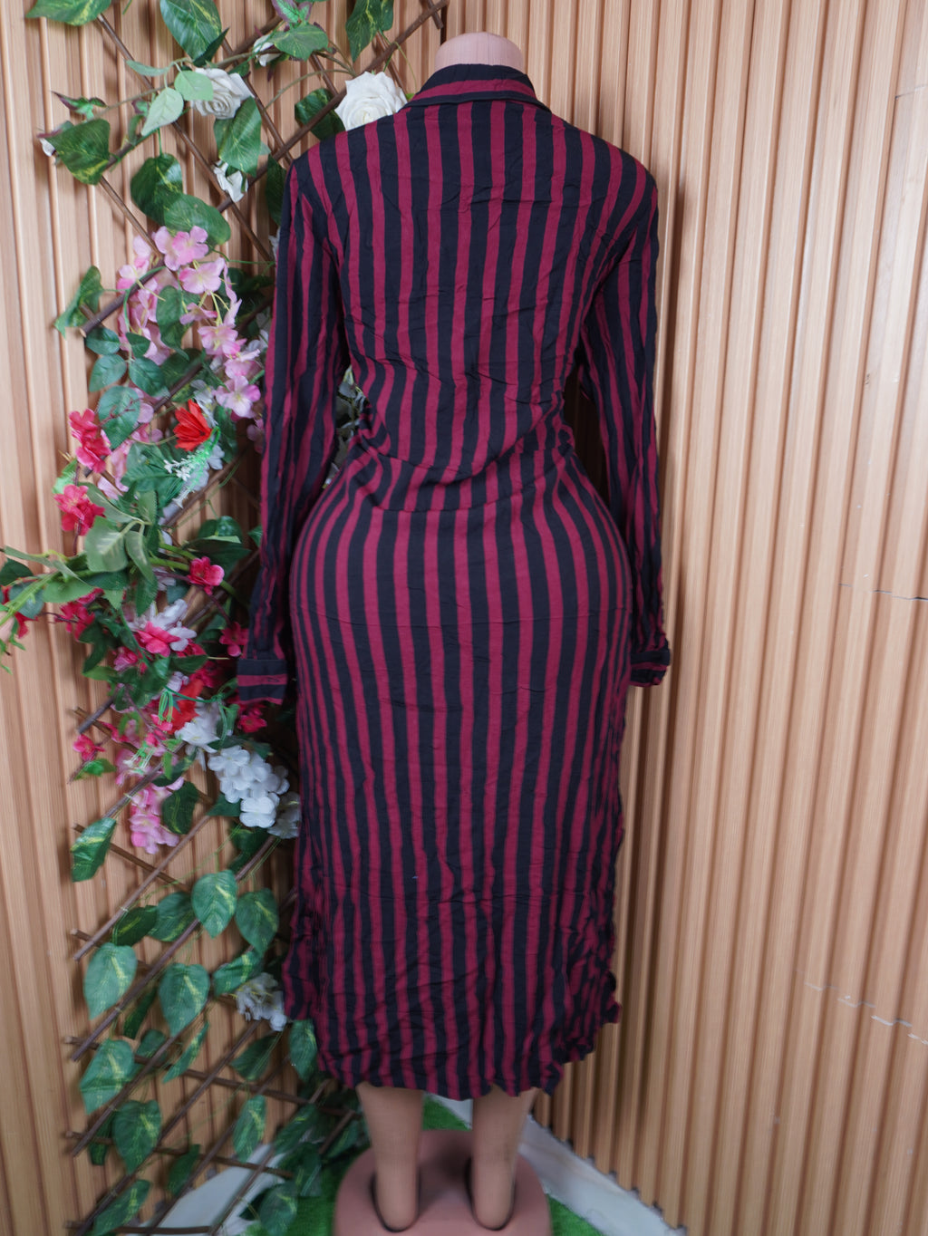 Robe évasée longue manches longues rayée-L