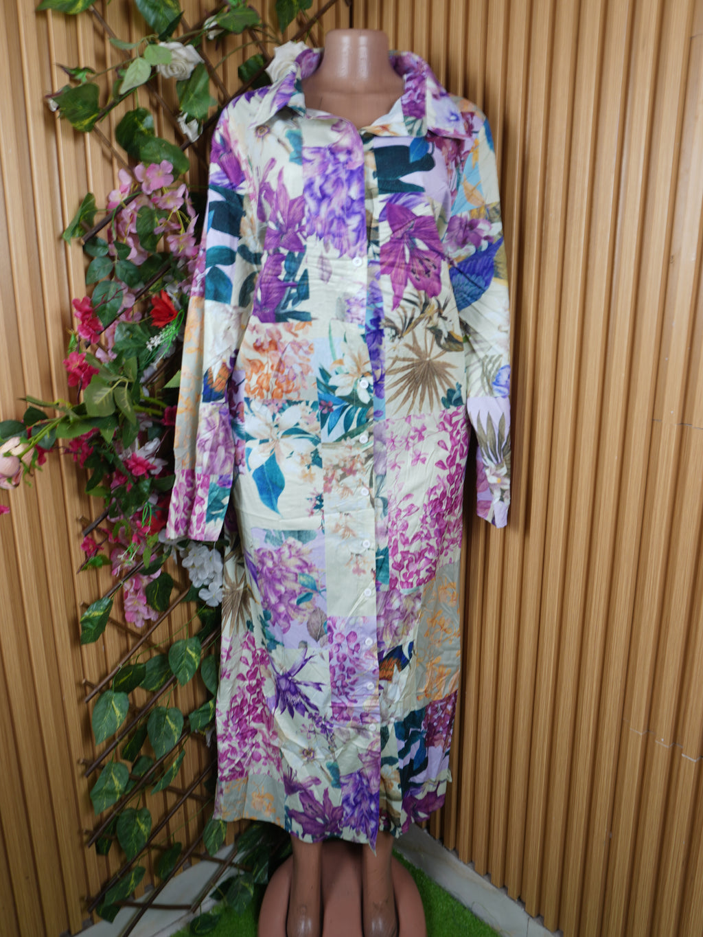Robe évasée longue manches longues imprimée fleurie-XXXL