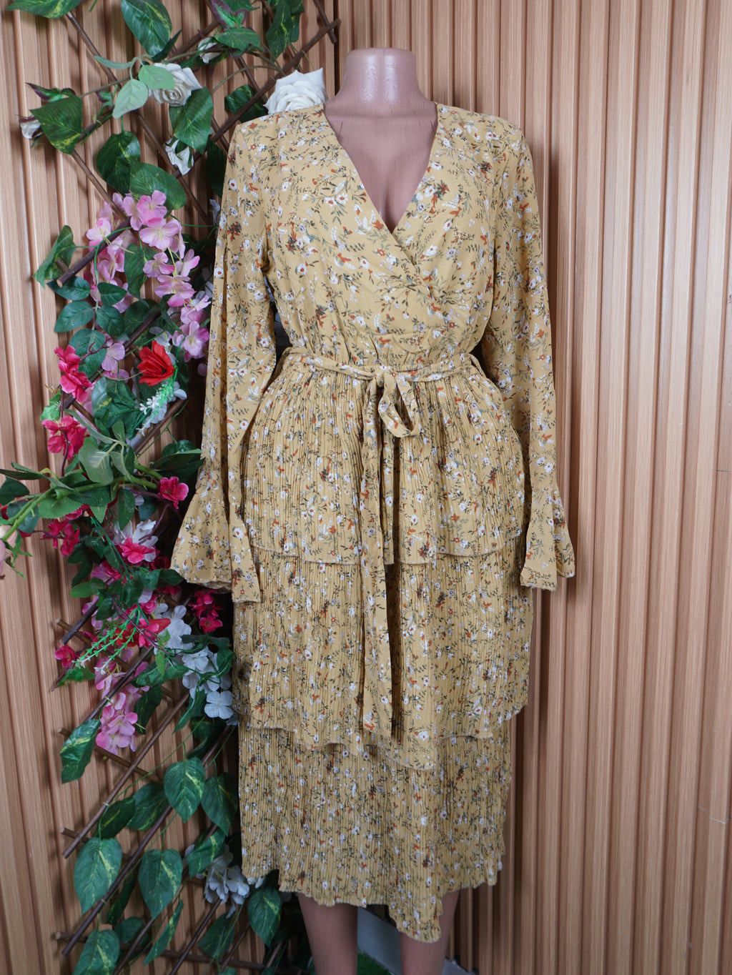 Robe evasée longue manches longues ceintrée-S