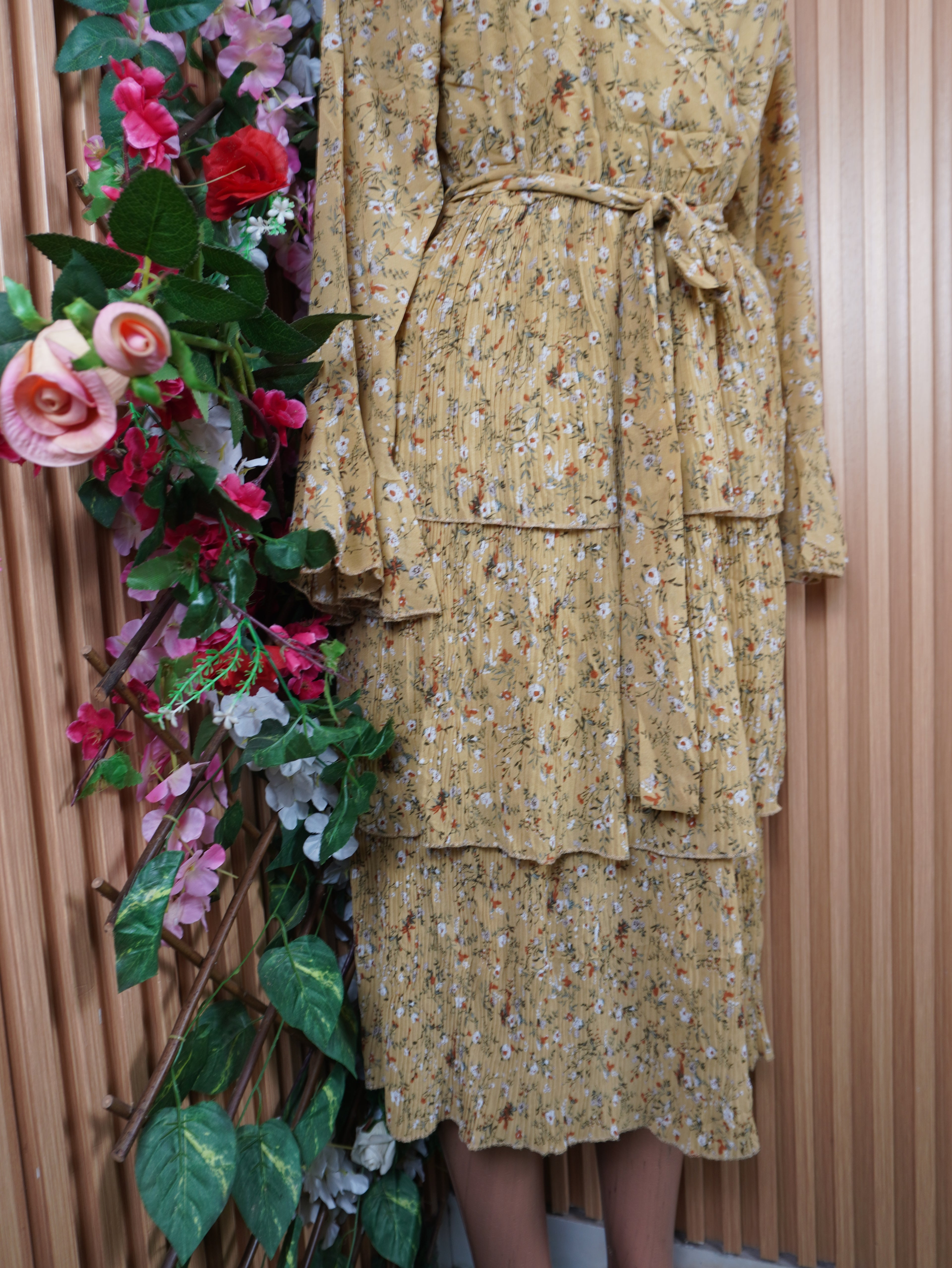 Robe evasée longue manches longues ceintrée-S