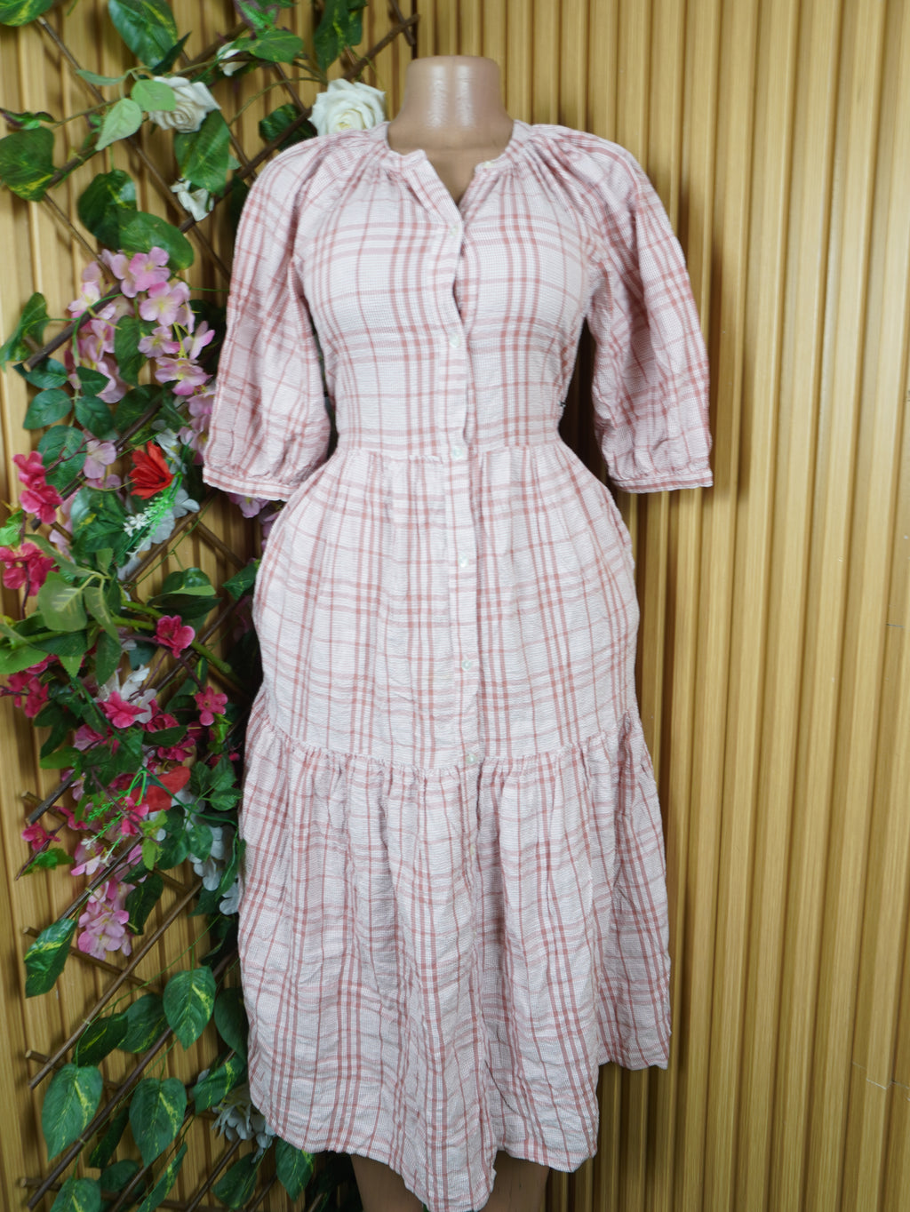 Robe évasée longue mancges courtes décolletée-S