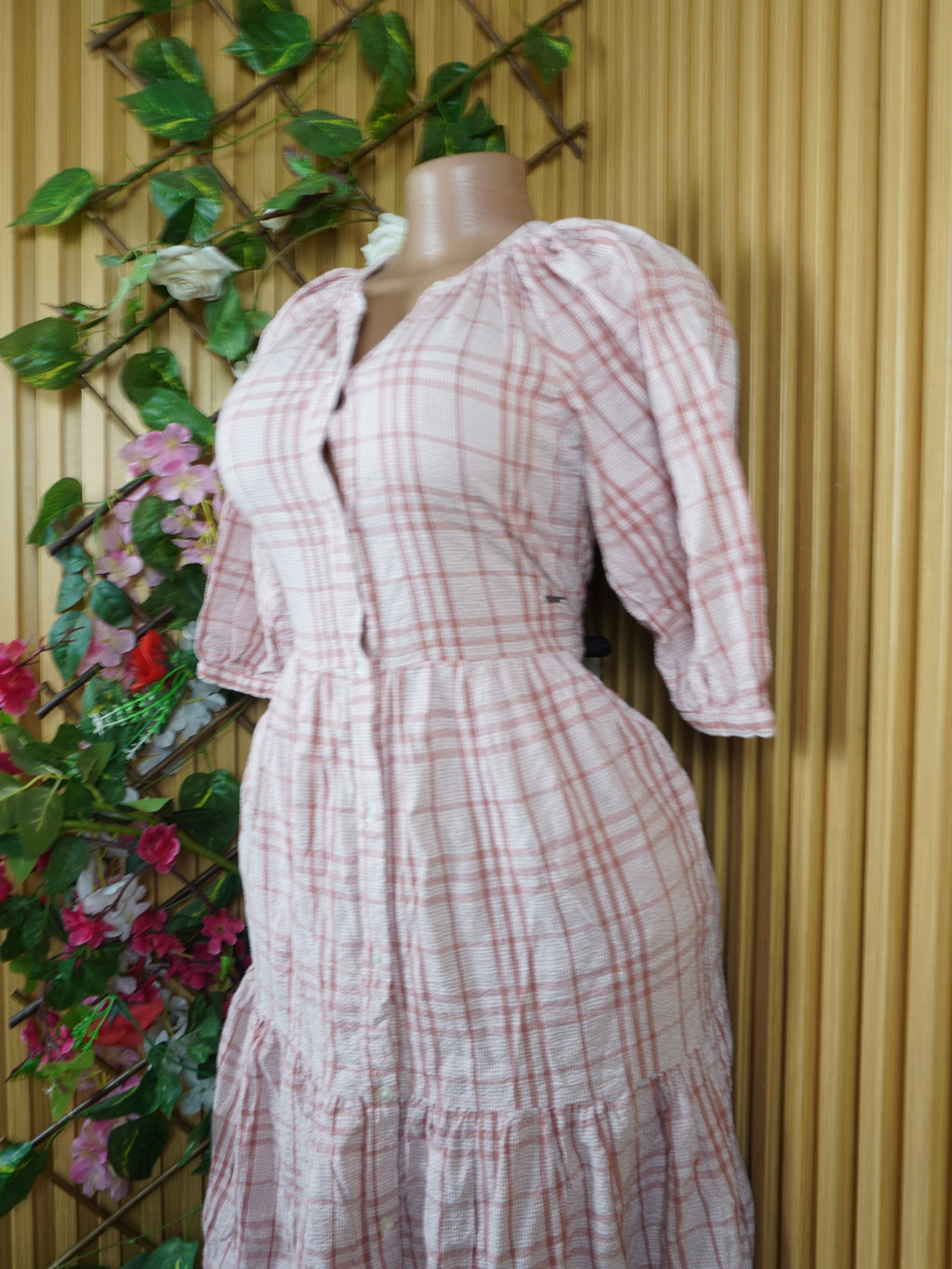 Robe évasée longue mancges courtes décolletée-S