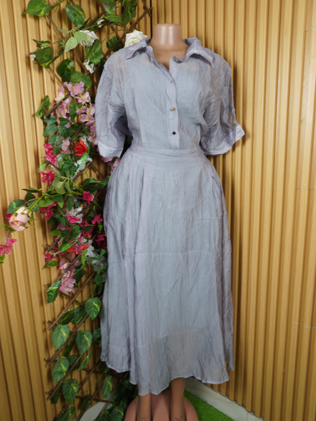 Robe évasée longue manches courtes col chemise-M