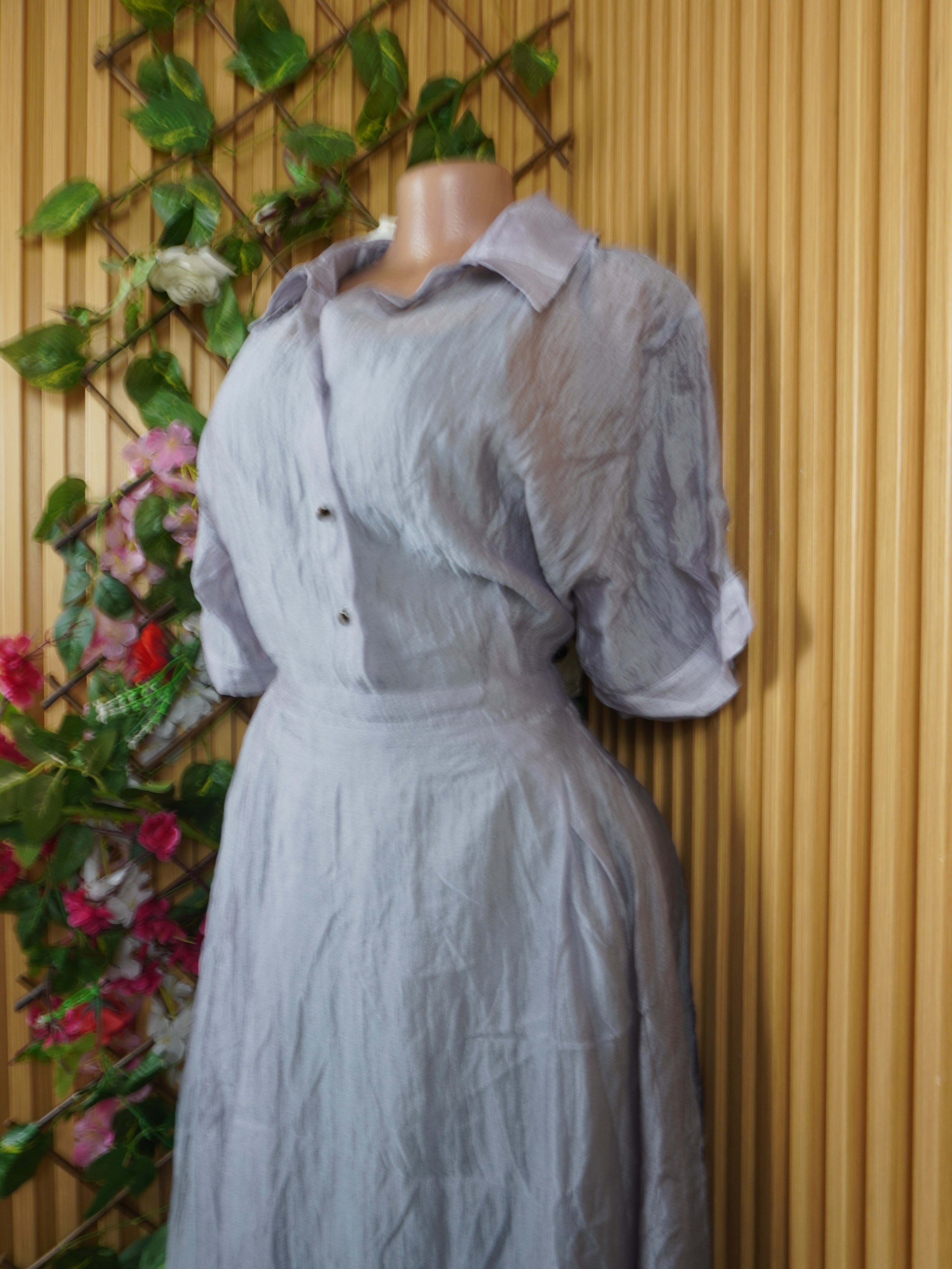 Robe évasée longue manches courtes col chemise-M