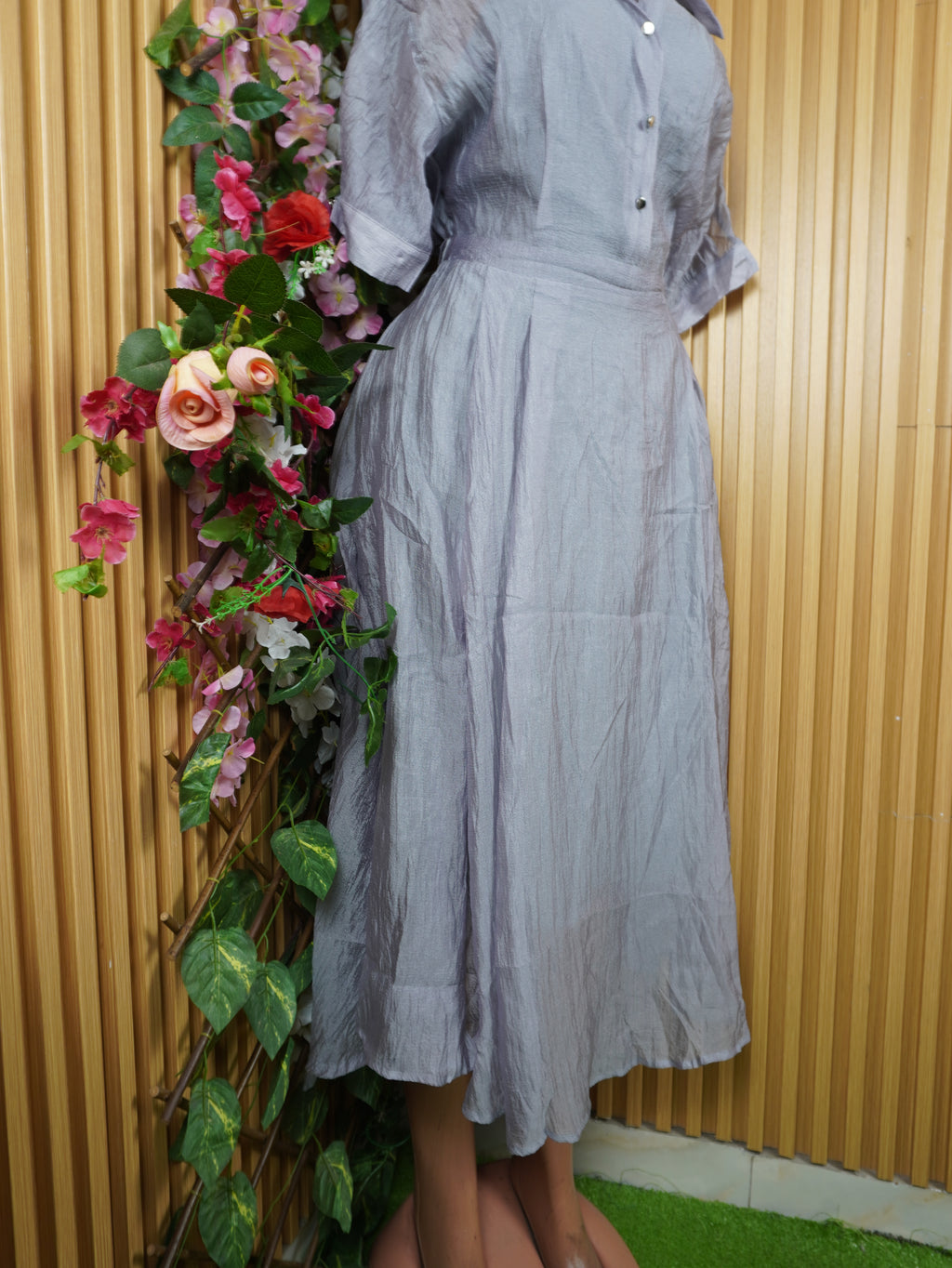 Robe évasée longue manches courtes col chemise-M