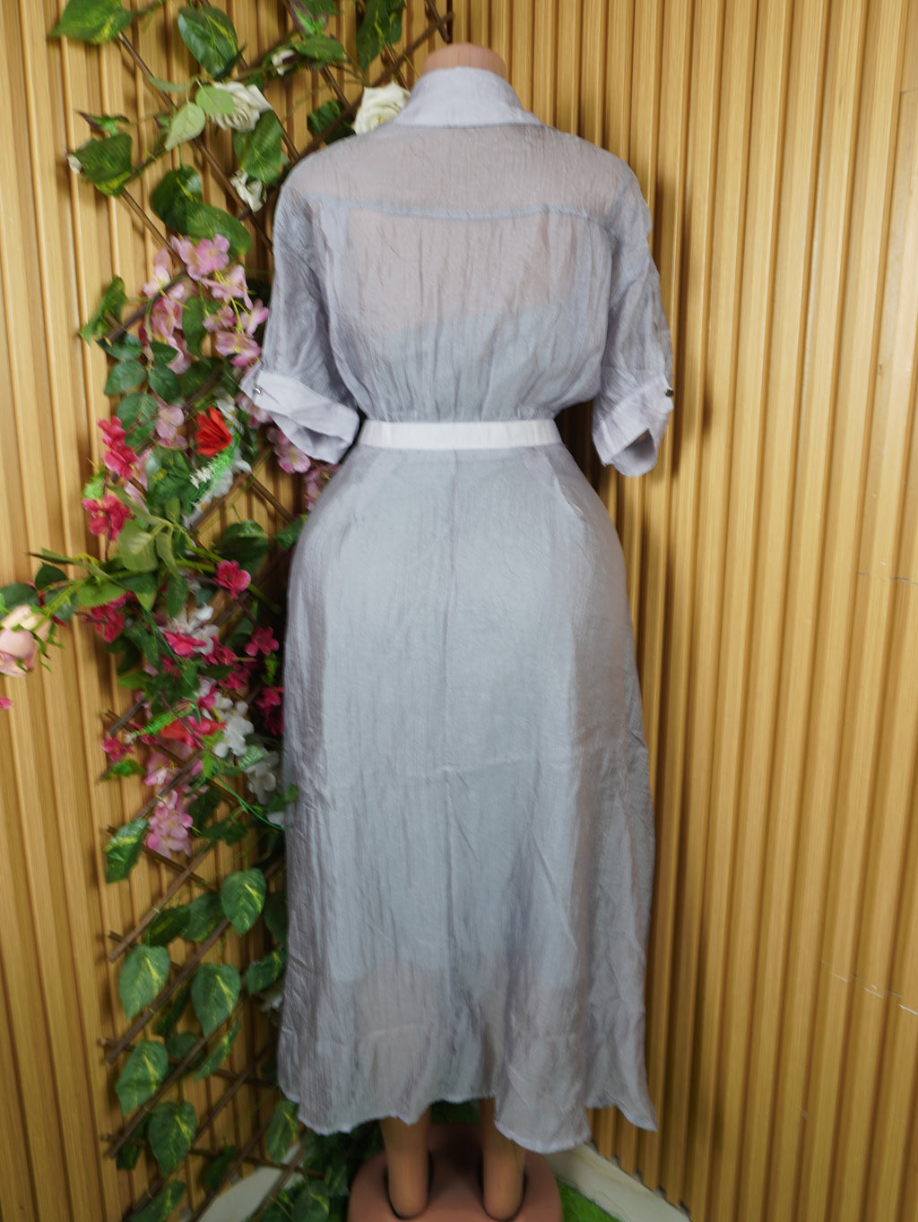 Robe évasée longue manches courtes col chemise-M