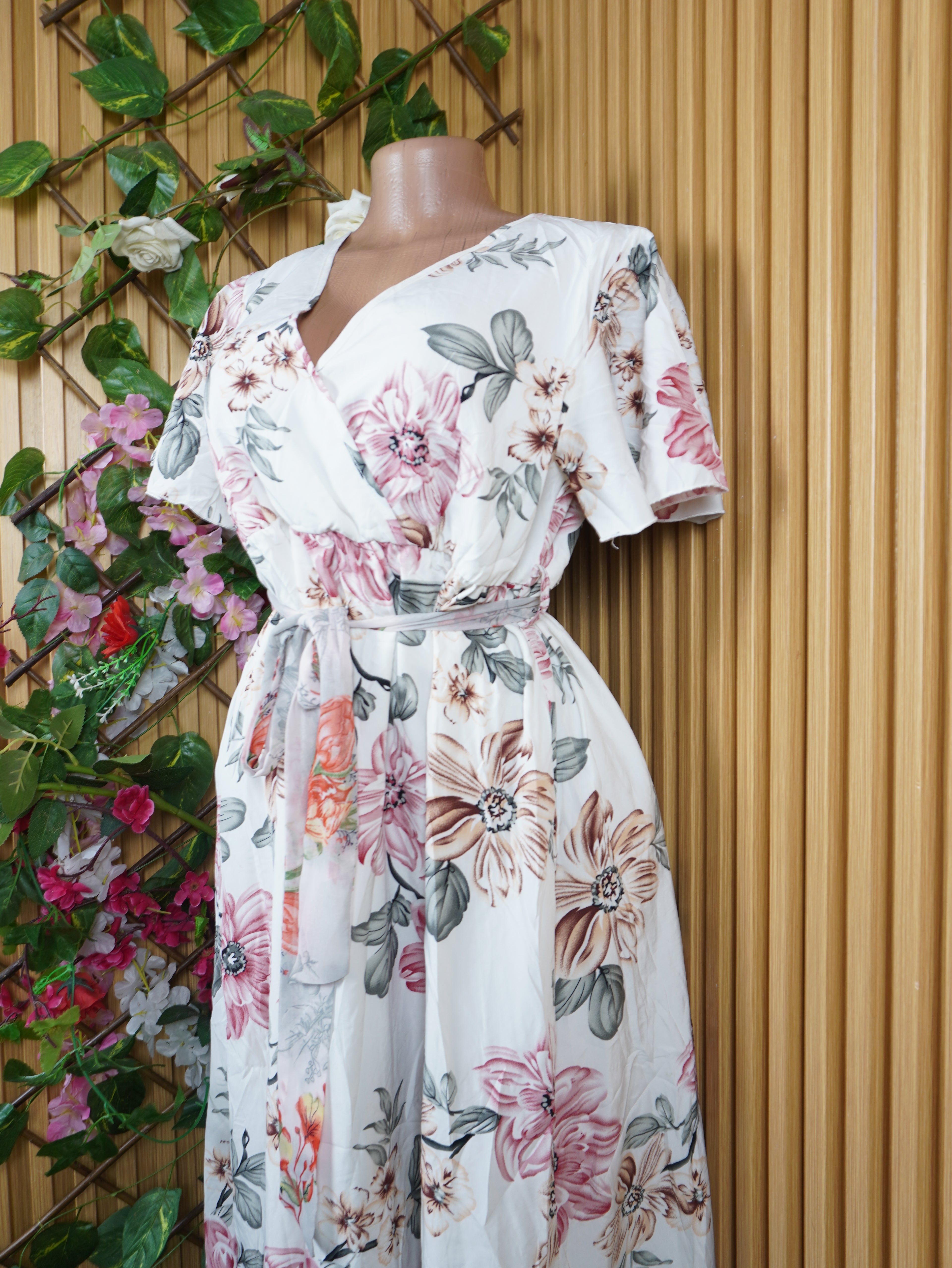 Robe évasée longue manches courtes imprimée fleurie-M
